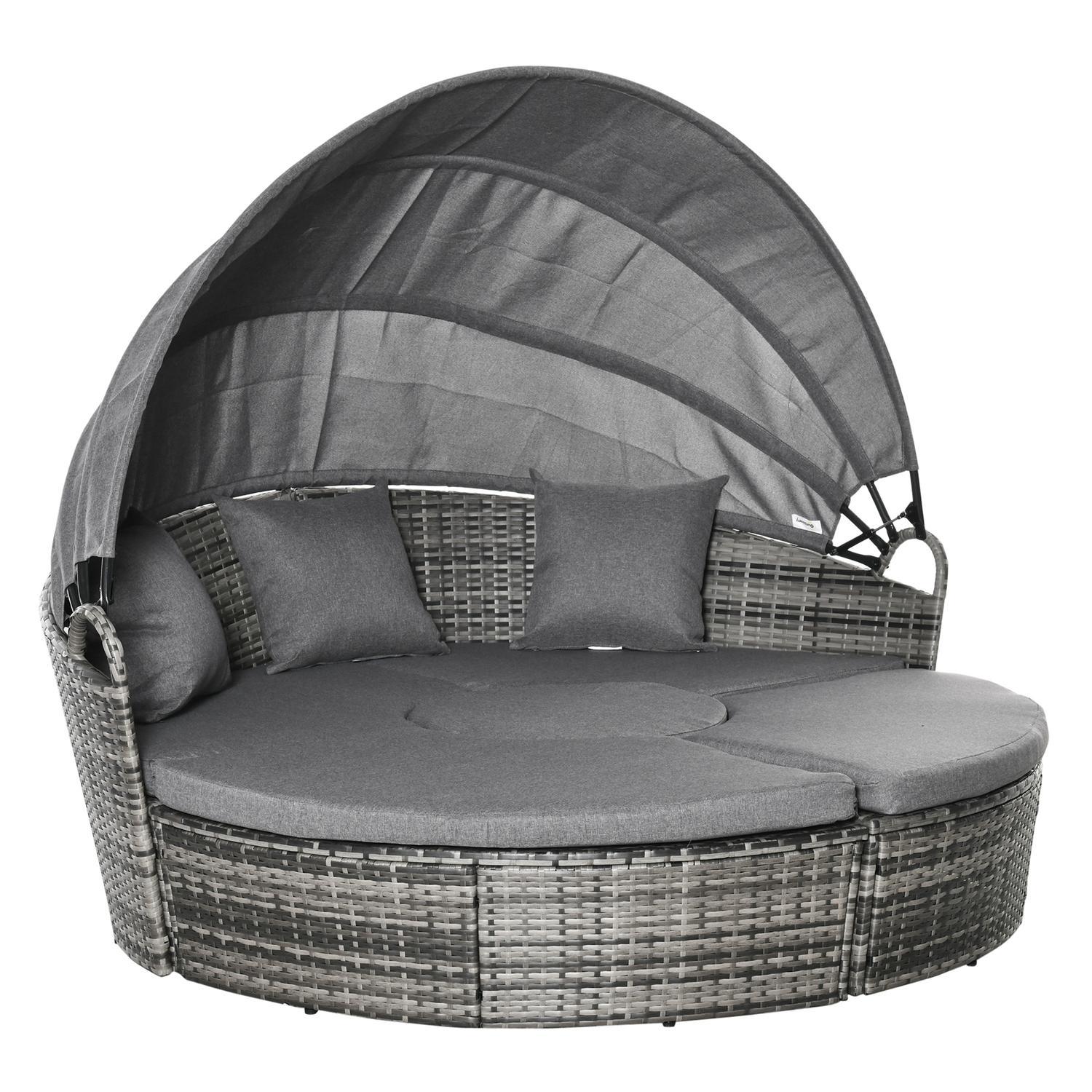 Sun Island Rattan Lounge Gruppe Med Soltak Sittegruppe Med Puter Og Sidebord Høydejusterbar Metallgrå 175X180X147Cm