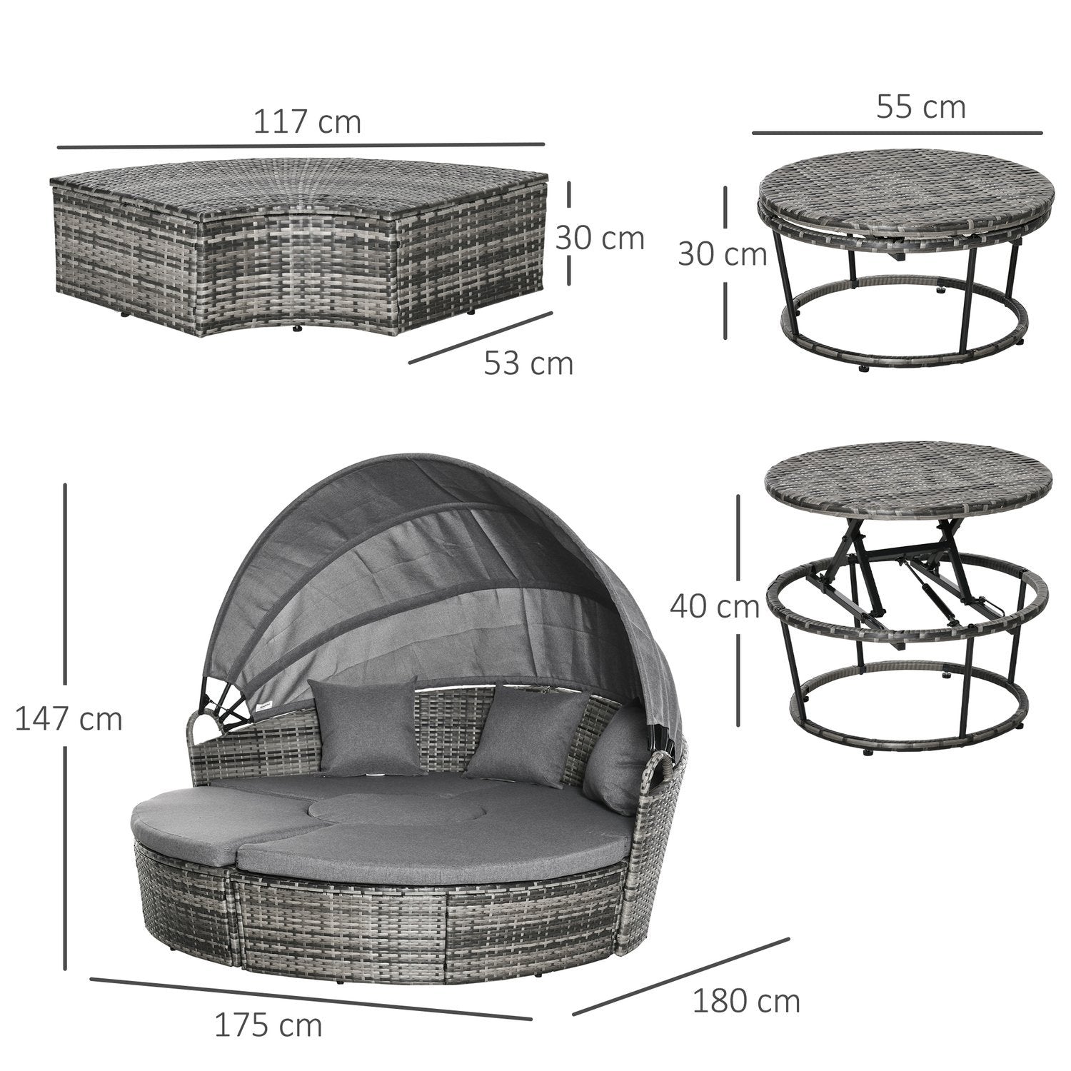 Sun Island Rattan Lounge Gruppe Med Soltak Sittegruppe Med Puter Og Sidebord Høydejusterbar Metallgrå 175X180X147Cm