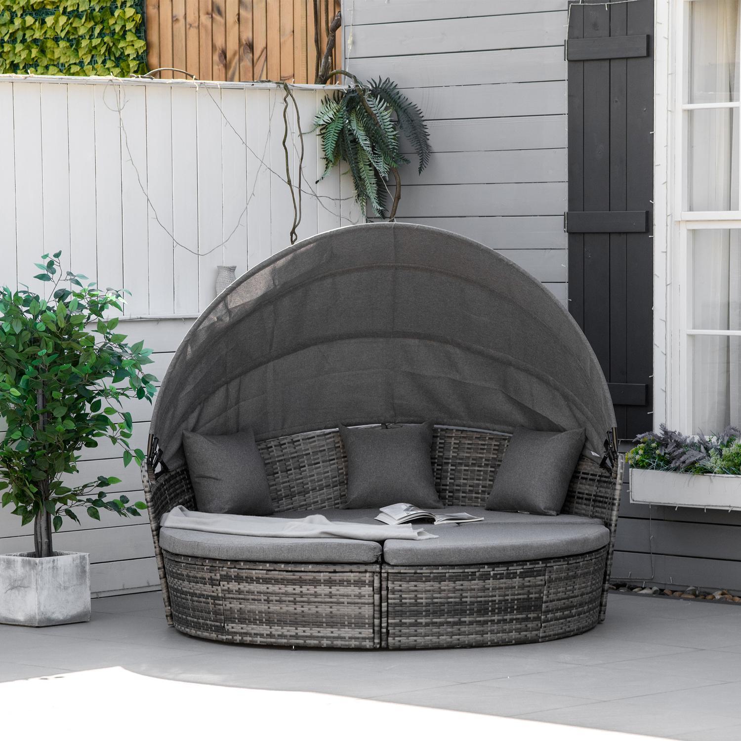 Sun Island Rattan Lounge Gruppe Med Soltak Sittegruppe Med Puter Og Sidebord Høydejusterbar Metallgrå 175X180X147Cm