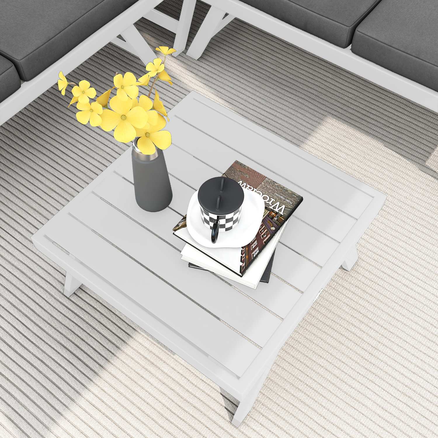 4-delad grå trädgårdsmöbelset, soffa och soffbord