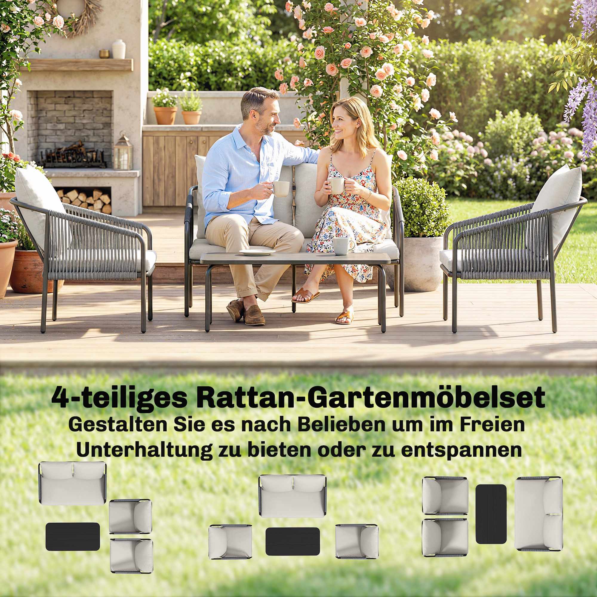 4-delad loungegrupp i rotting med kuddar och bord