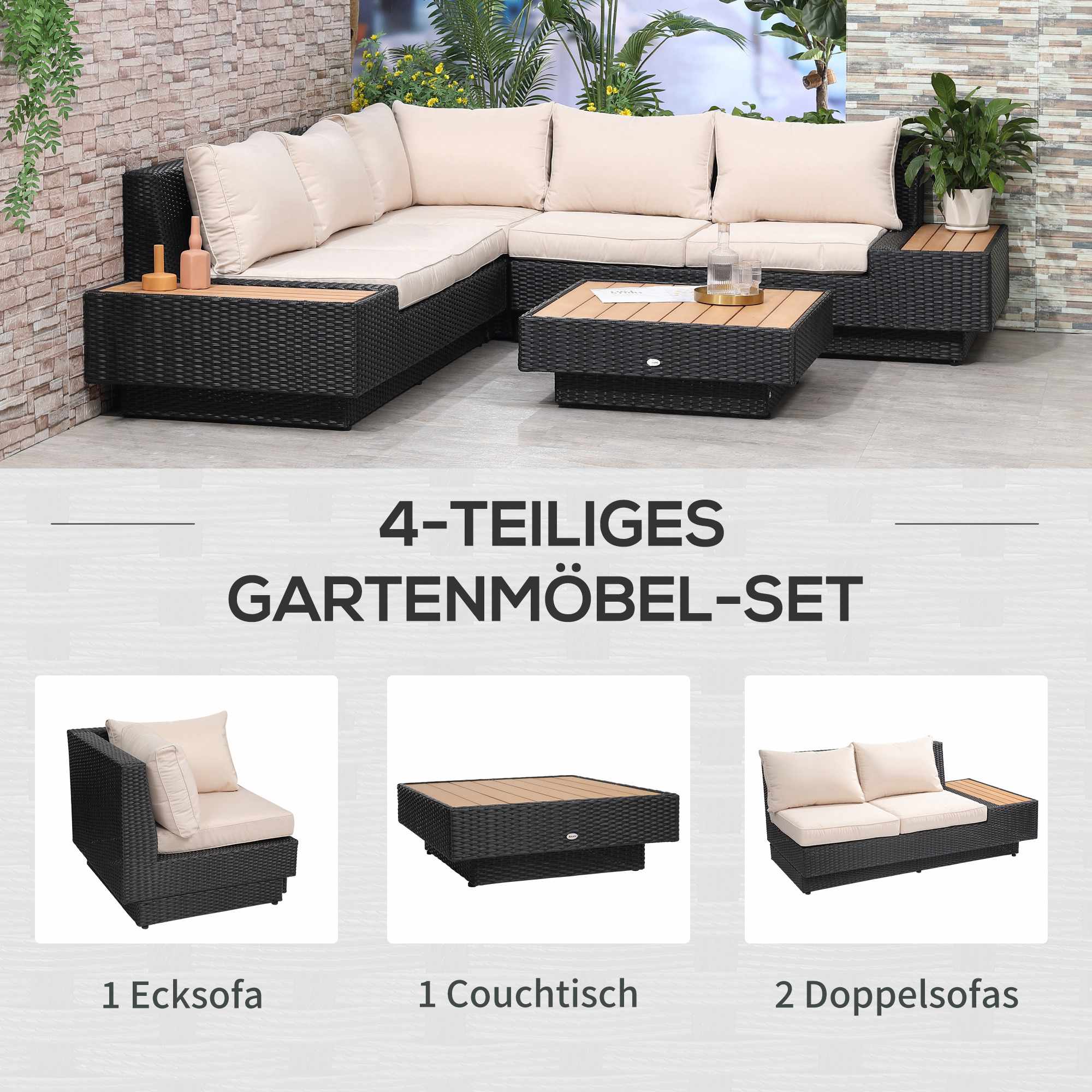 4-delad svart polyrattan utomhusloungegrupp med kuddar