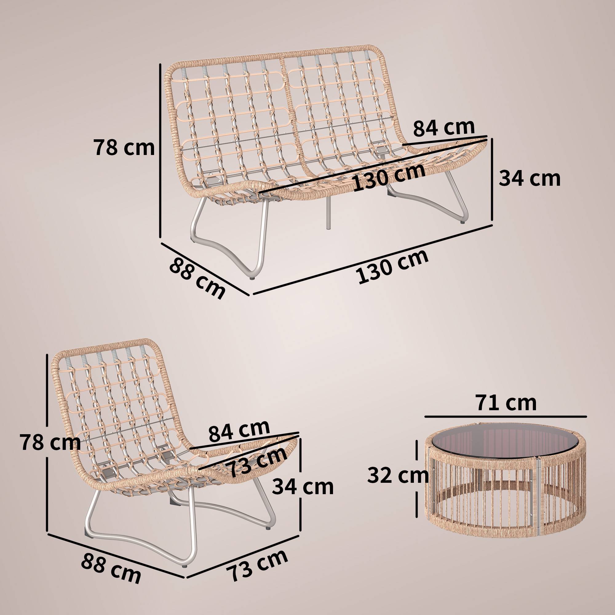 4-delad trädgårdsloungegrupp i polyrattan med kuddar