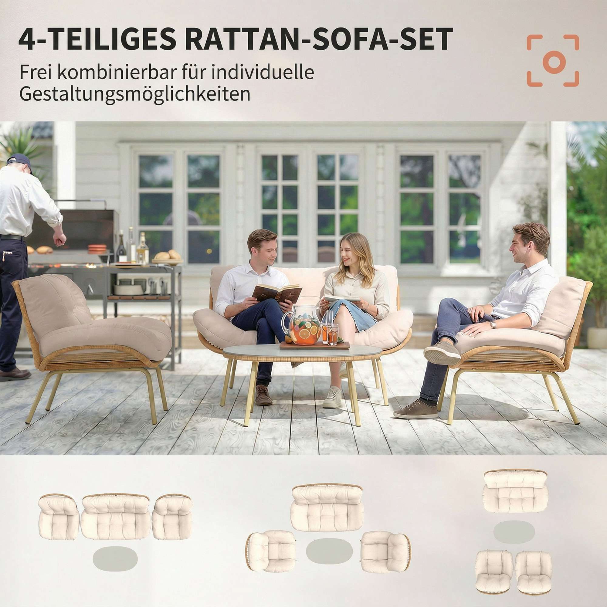 4-delat set med rottingträdgårdsmöbler och dynor
