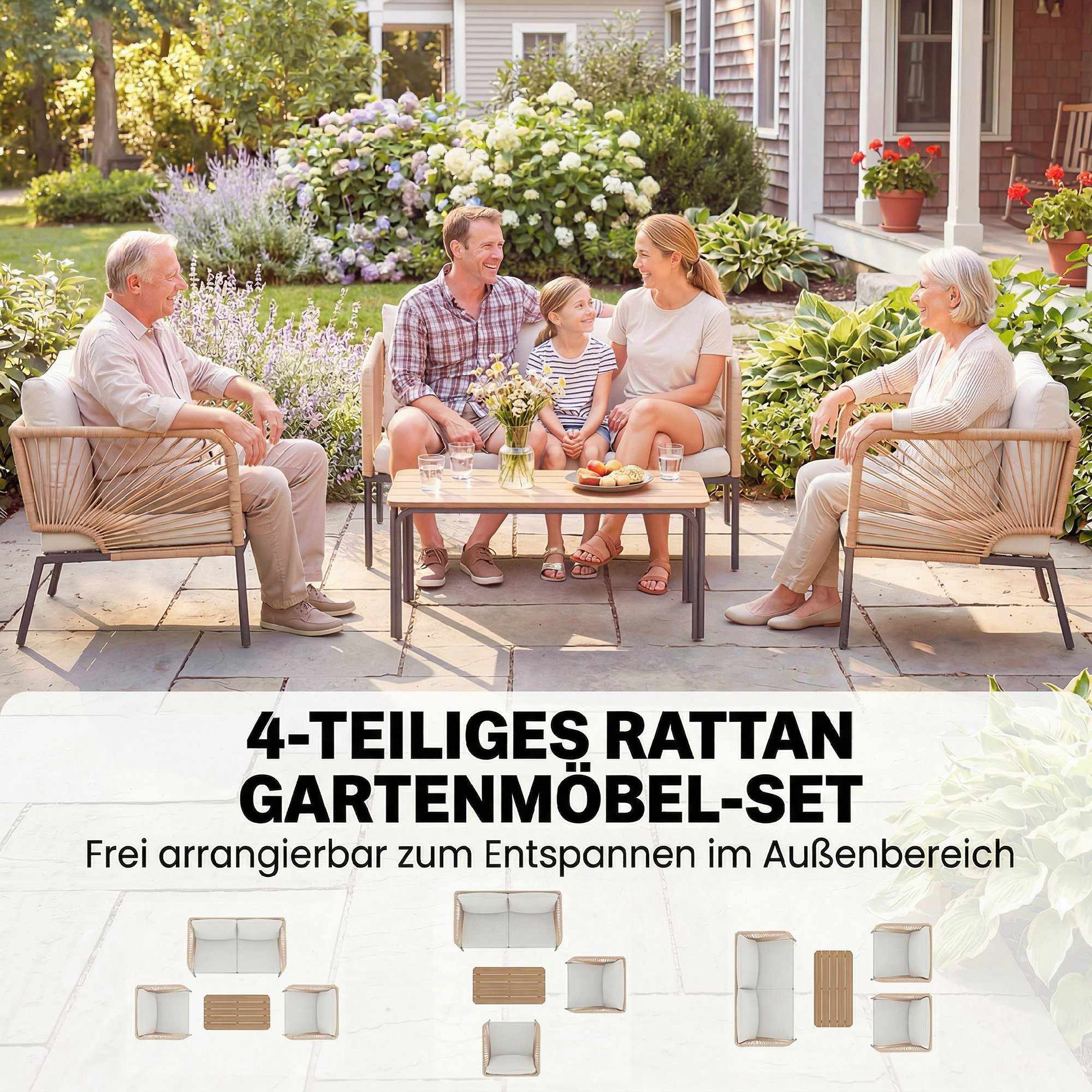 4-delat set med utemöbler, metall och PE-rotting, vit