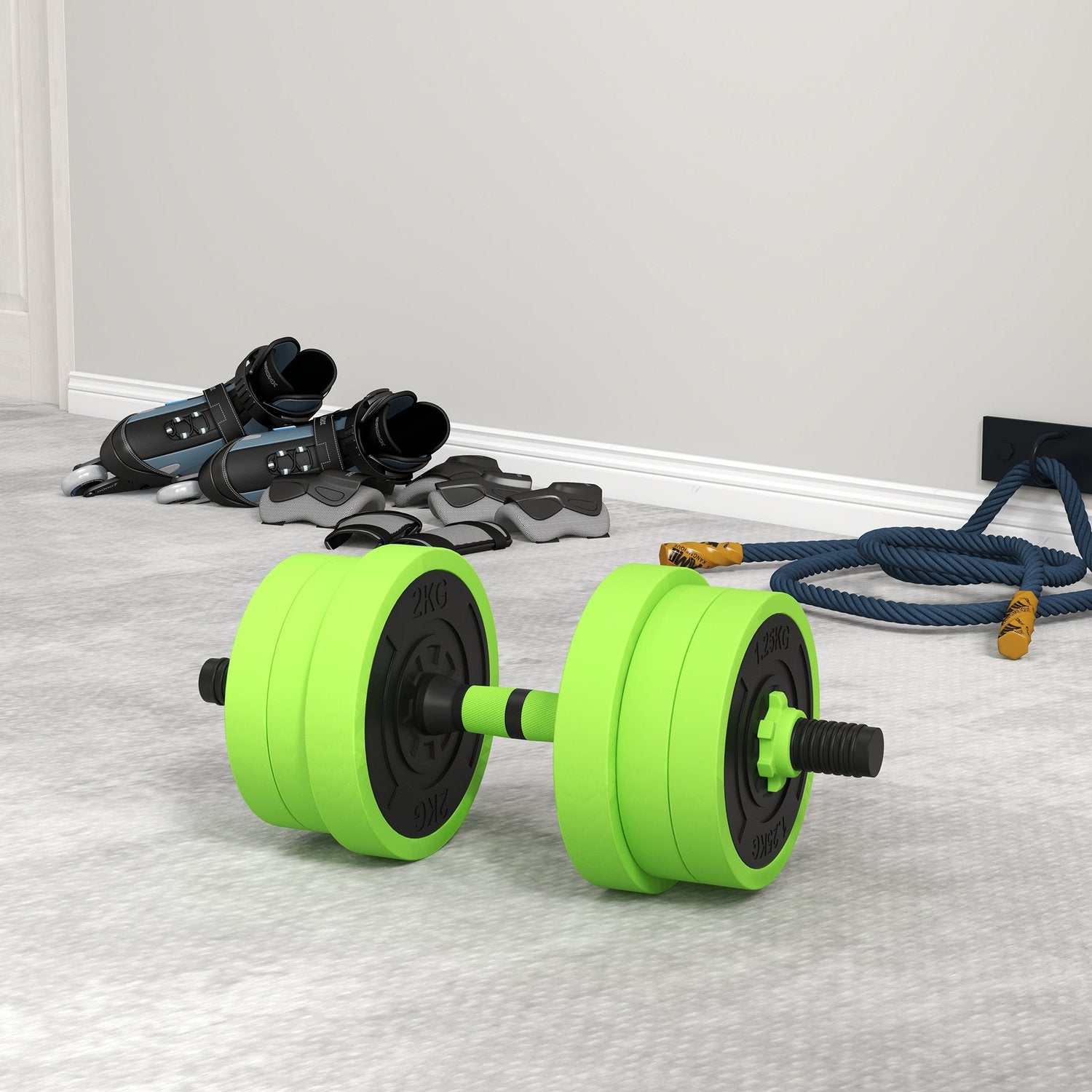 4 i 1 hantelset 20 kg justerbar hantel & skivstång Kettlebell Push-up Handtag Grön