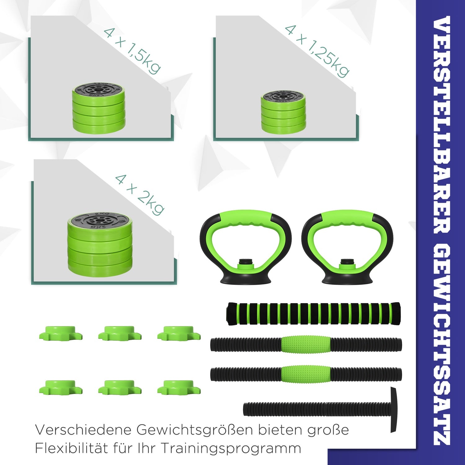 4 i 1 hantelset 20 kg justerbar hantel & skivstång Kettlebell Push-up Handtag Grön