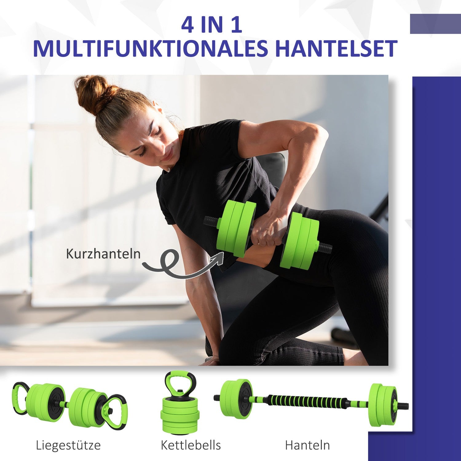 4 i 1 hantelset 20 kg justerbar hantel & skivstång Kettlebell Push-up Handtag Grön