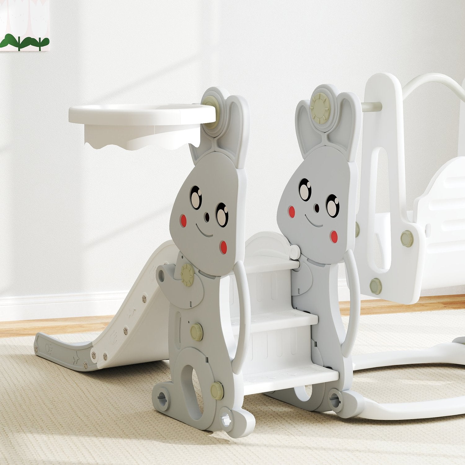 4-i-1 rutschbana för barn med grå kanindesign