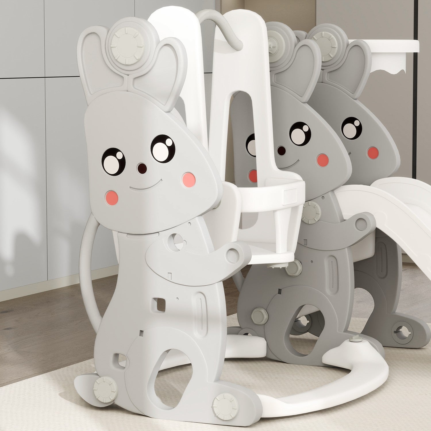 4-i-1 rutschbana för barn med grå kanindesign