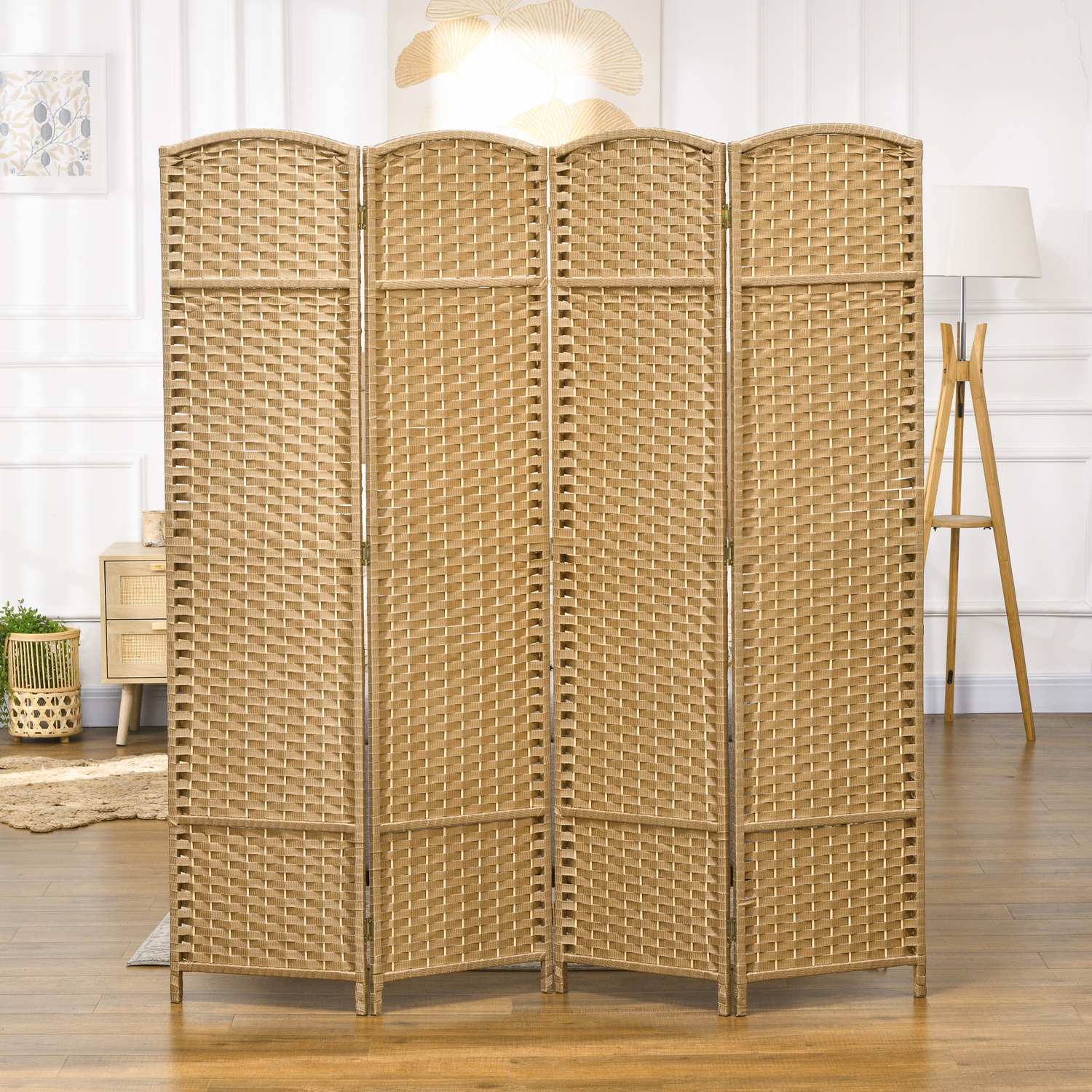 4-panels fällbar rumsavdelare, naturligt trä, sekretessskärm