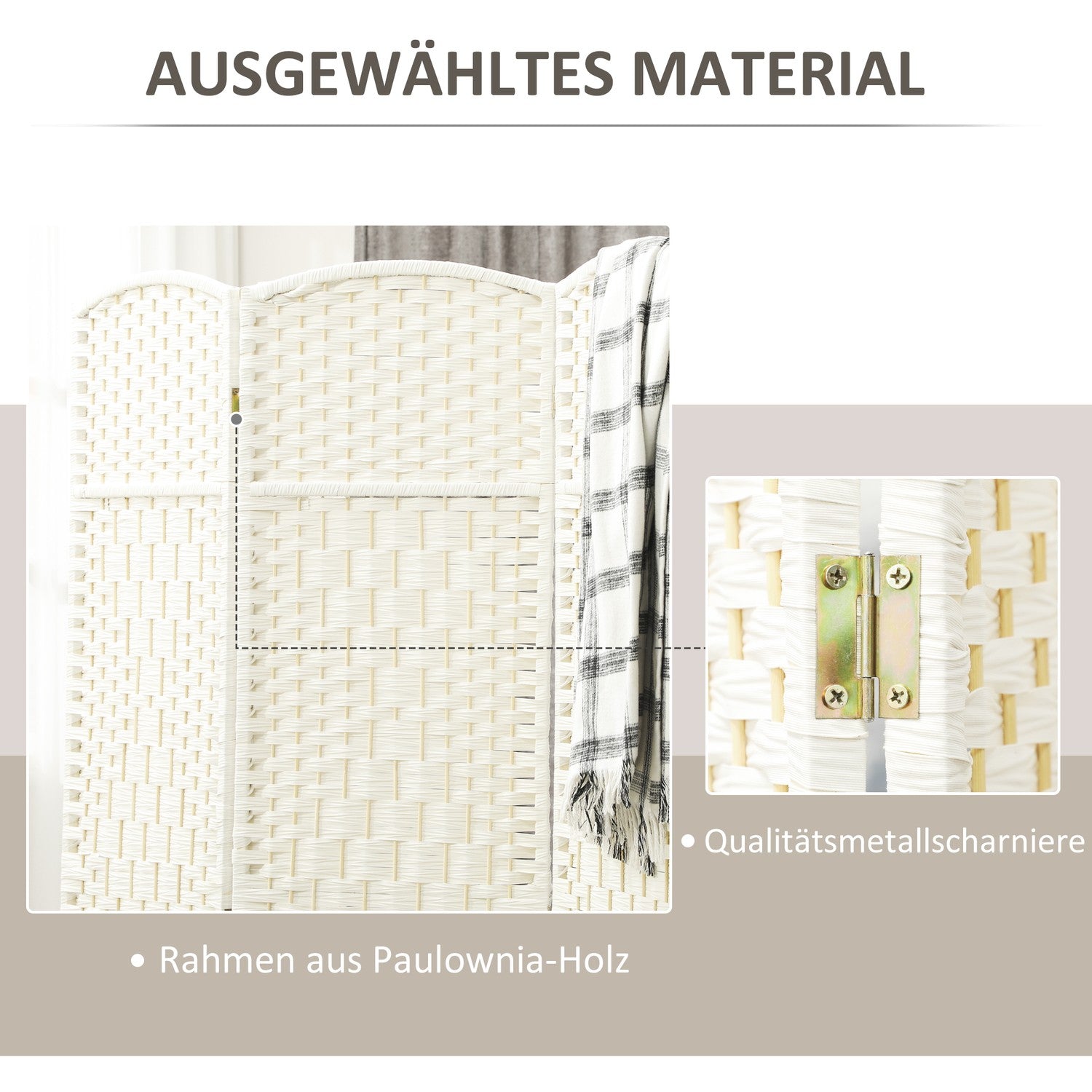 4-panels fällbar rumsavdelare, vit, polypropen, furu