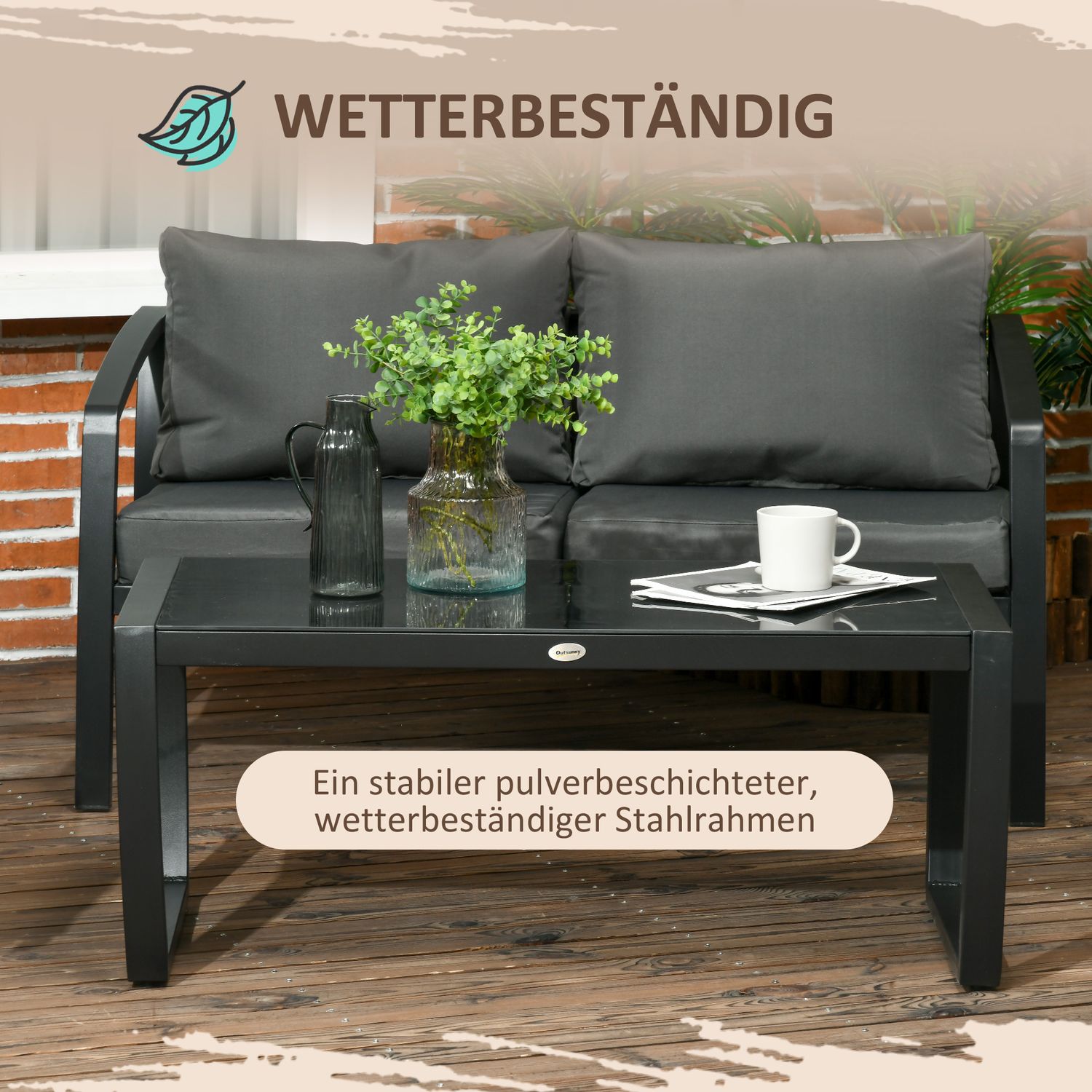 4-personers grå & svart trädgårdsmöbelset med soffa, fåtöljer, glasbord – väderbeständig