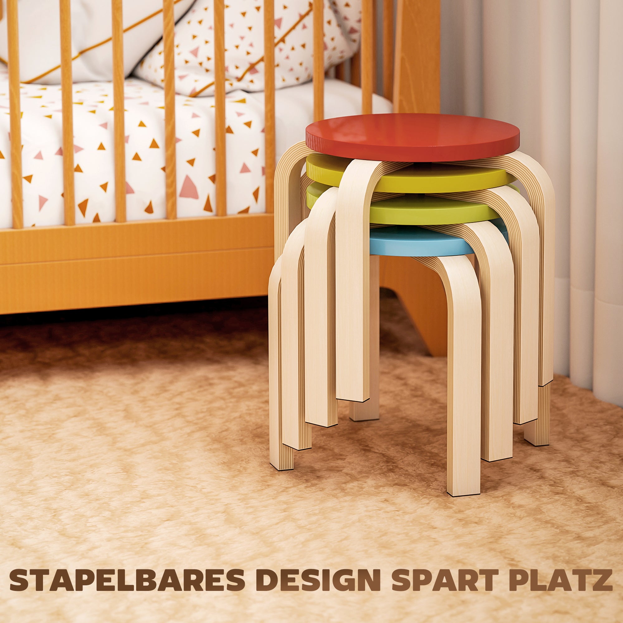 4 staplar med fotkuddar av filt, björkplywood, lackad, färgad