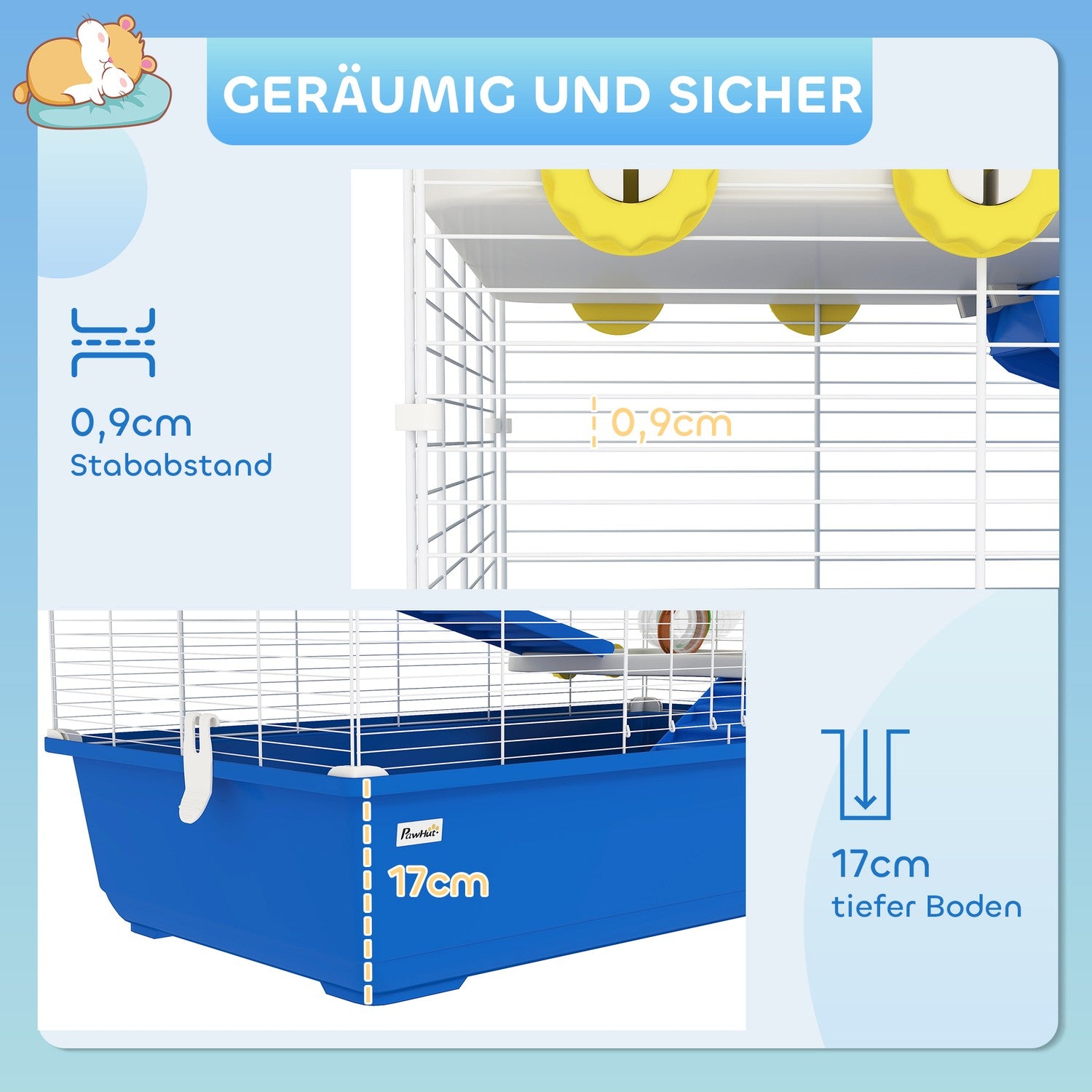 4-vånings hamsterbur med hjul och tillbehör, blå