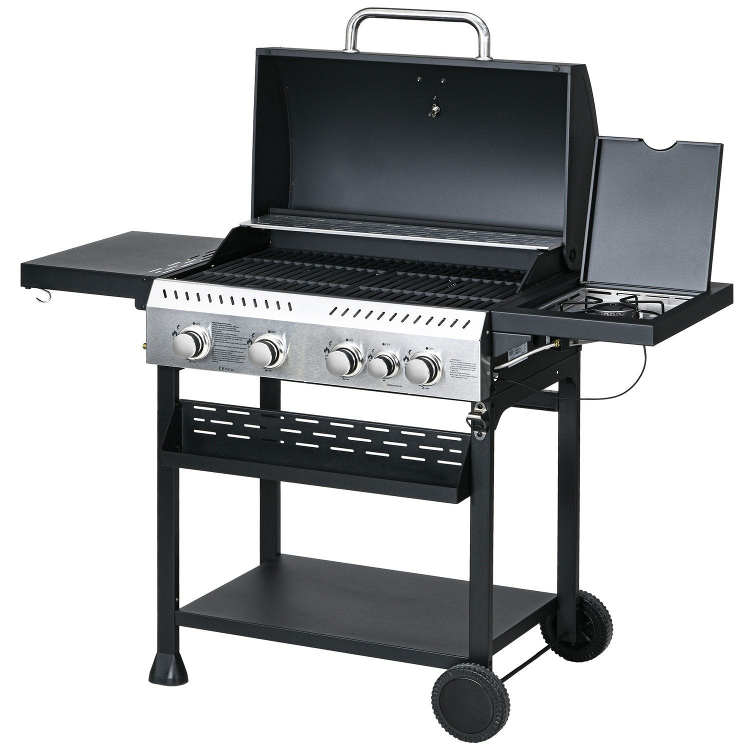 Gassgrill 2,5 Kw grillvogn med 4+1 brennere, termometer, grillgrill med hjul, sidehylle, krok, hylle, campinggrill svart