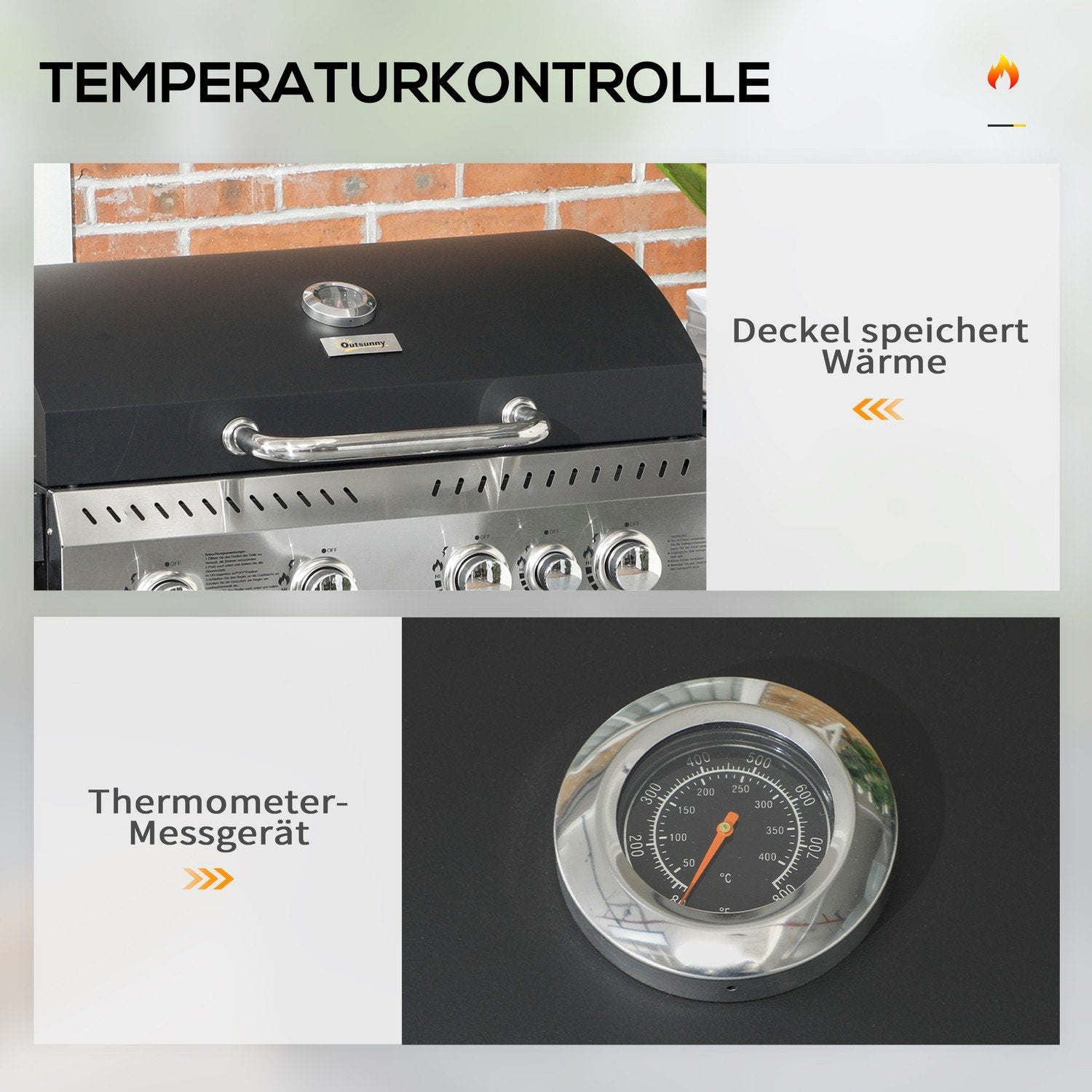 Gasolgrill 2,5 Kw Grillvagn Med 4+1 Brännare, Termometer, Bbq Grill Med Hjul, Sidohylla, Krok, Hylla, Campinggrill Svart