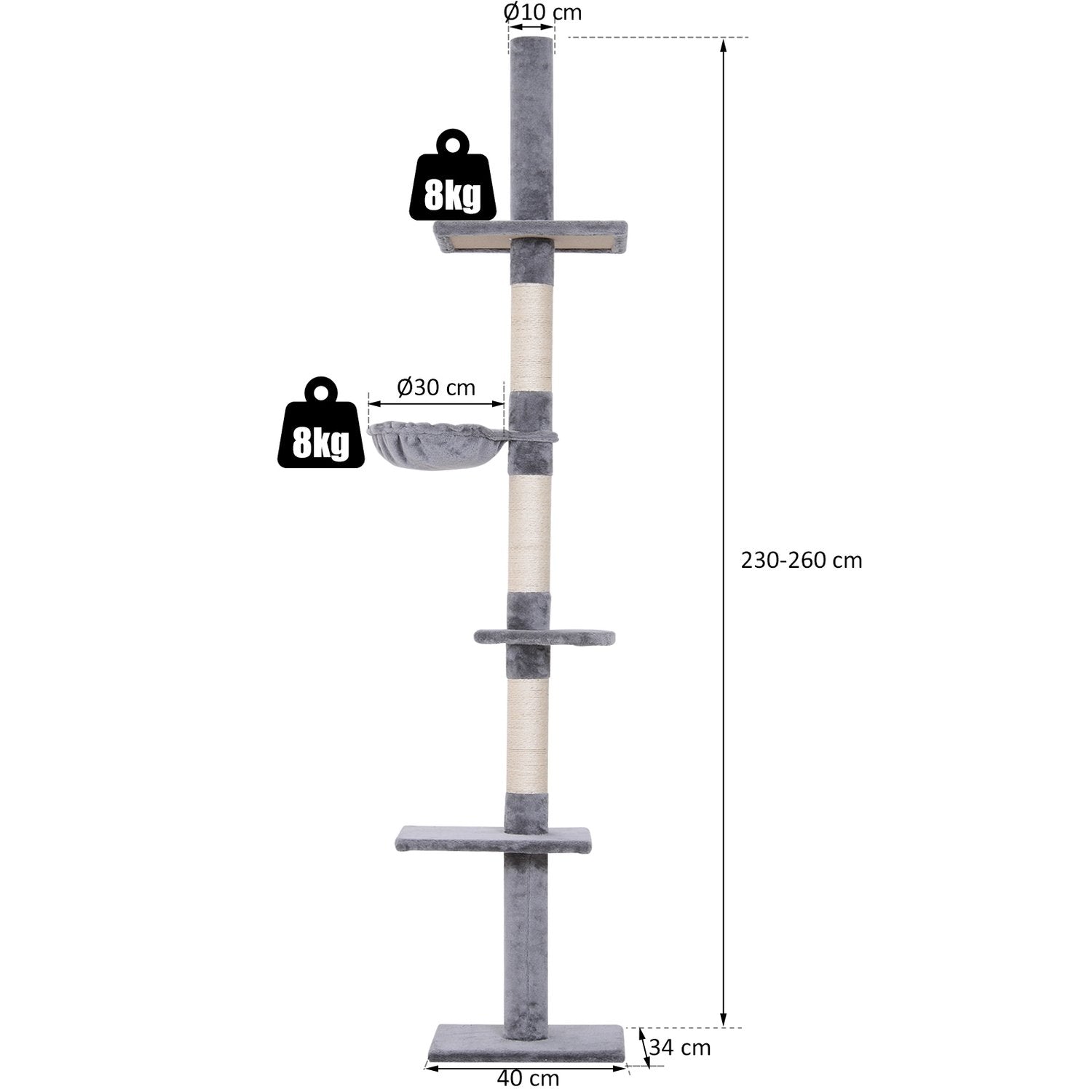 Skrapstolpe Tak Höggrå Höjdjusterbart Kattträd Med Sisalkolonner, För Klättring Och Repning, 40X34X230-260Cm