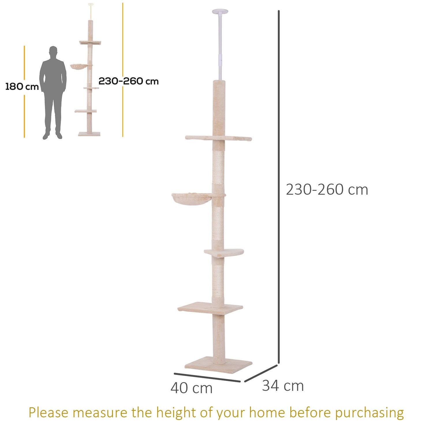 Skrapstolpe I Tak Högt Beige Höjdjusterbart Kattträd Med Sisalpelare, För Klättring Och Repning, 40X34X230-260Cm