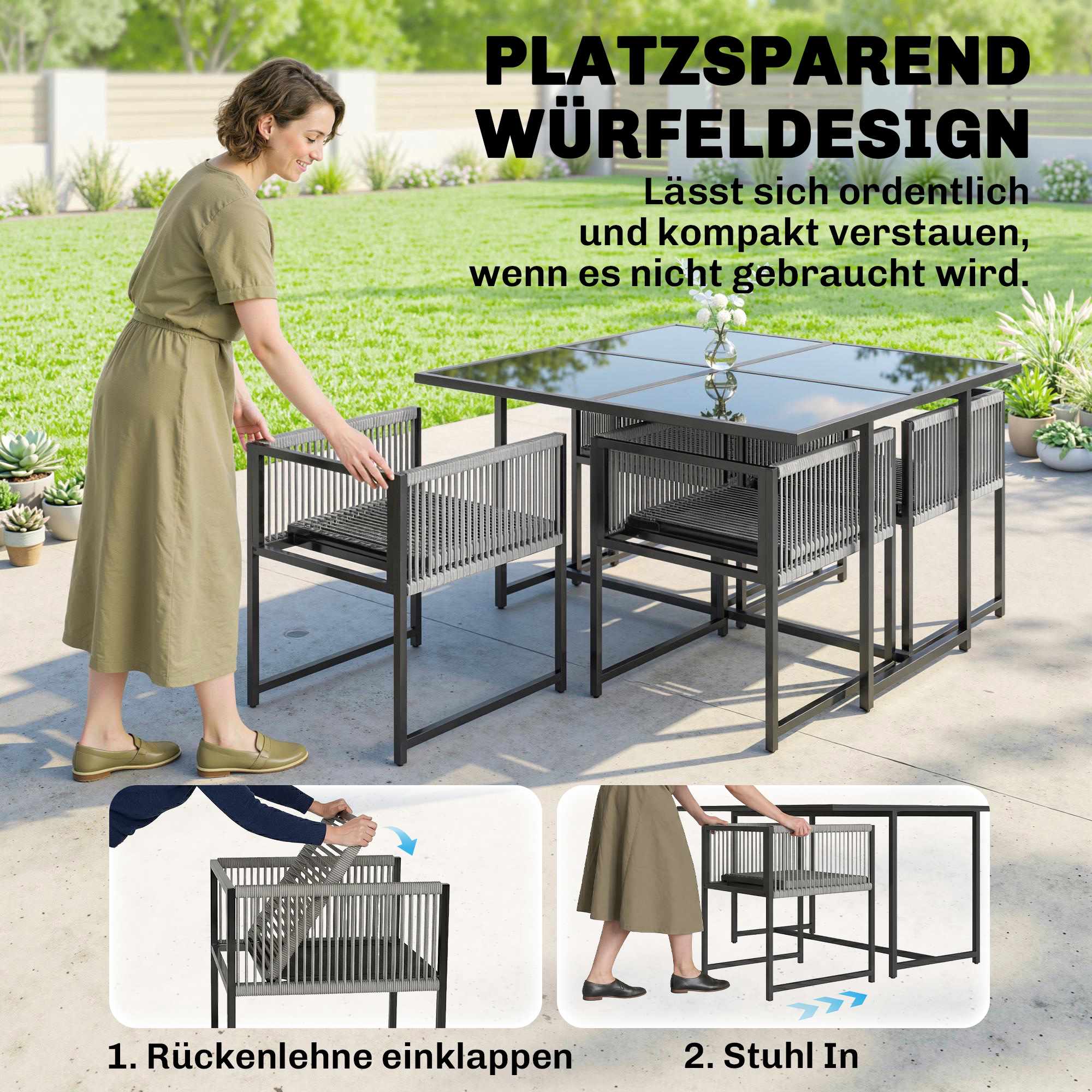 5-delad matgrupp för utomhusbruk med glasbord och fällstolar