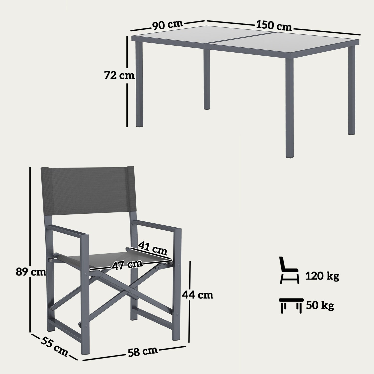 5-delat matsalsset i stål med hopfällbara stolar, grå