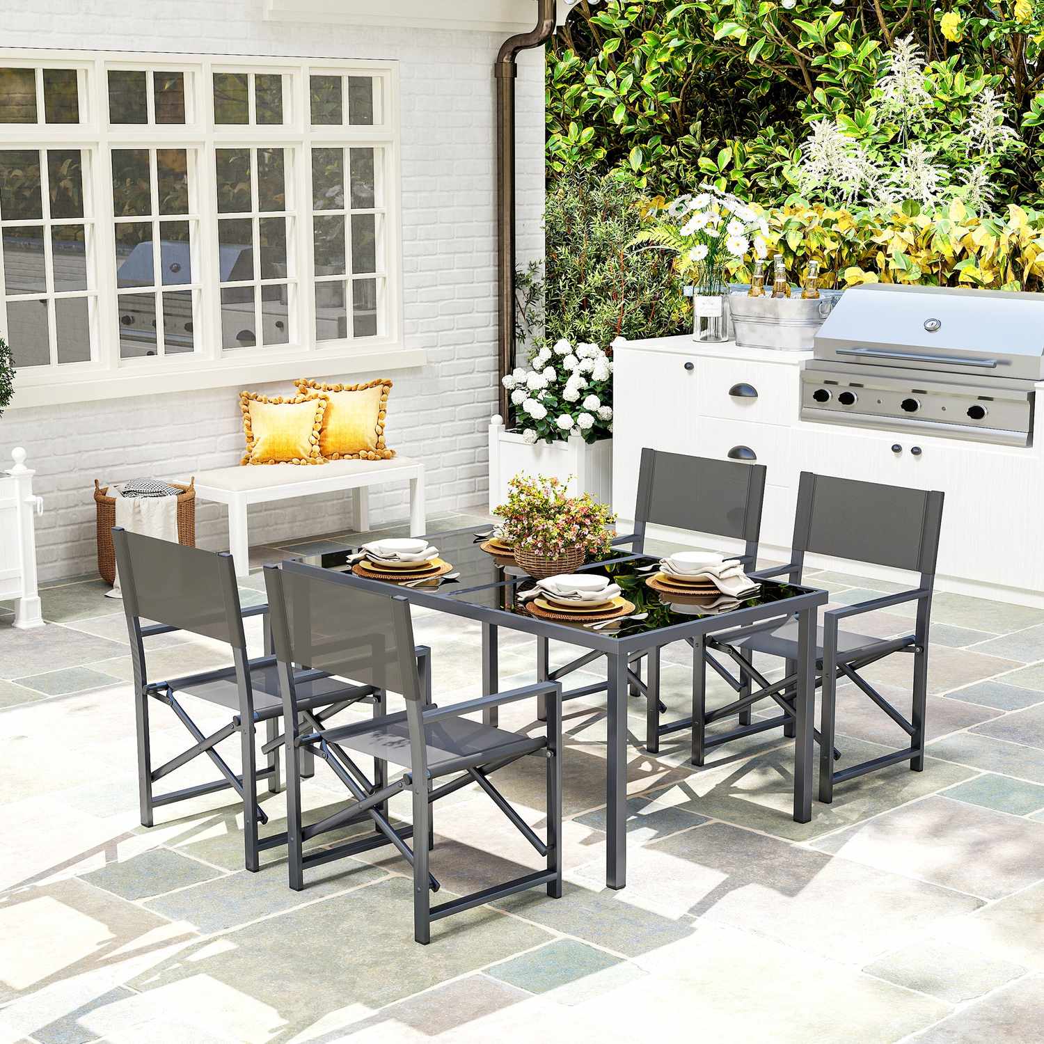 5-delat matsalsset i stål med hopfällbara stolar, grå