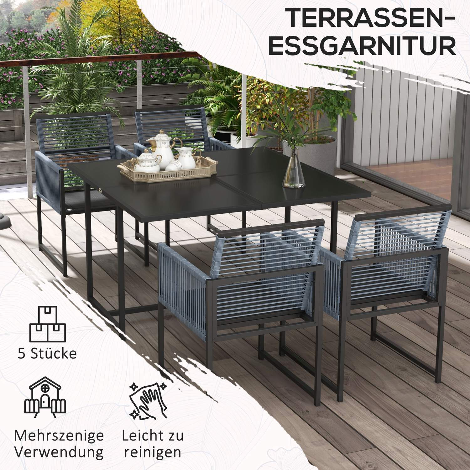 5-delat mörkgrå matsalsset med hopfällbara stolar