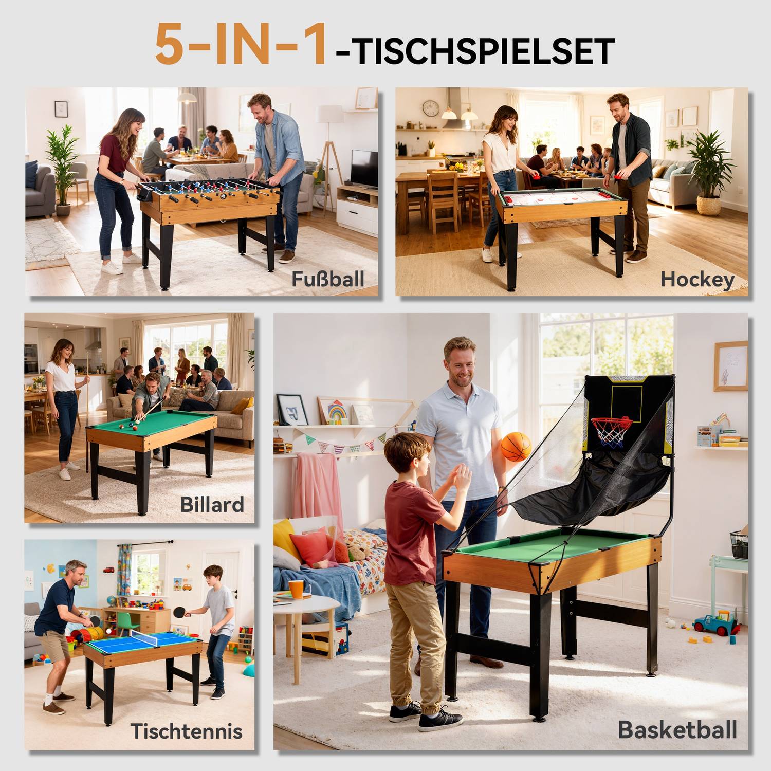 5-i-1-spelbord, fotboll, hockey, tennis, valnöt