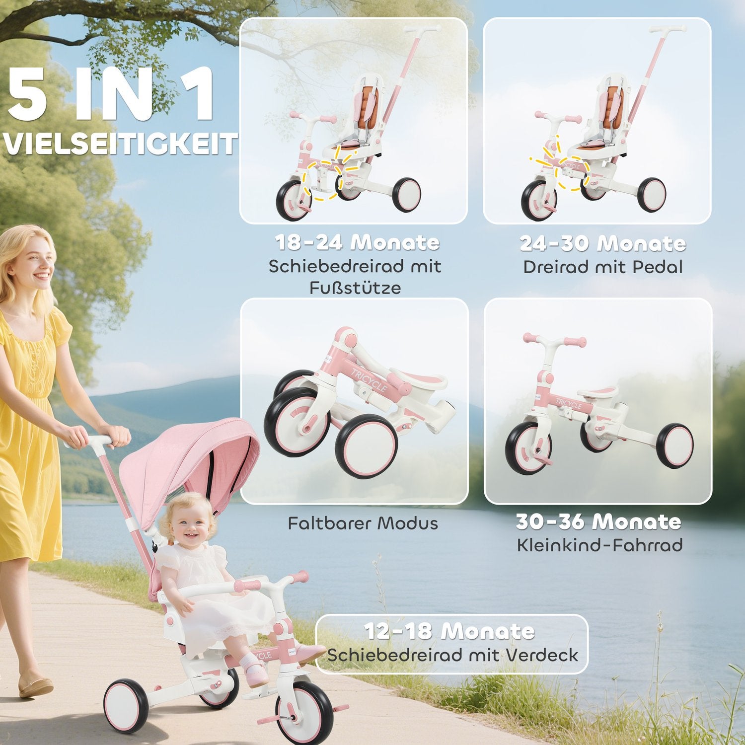 5-i-1 trehjuling för småbarn, justerbar, rosa, åldrar 1-3
