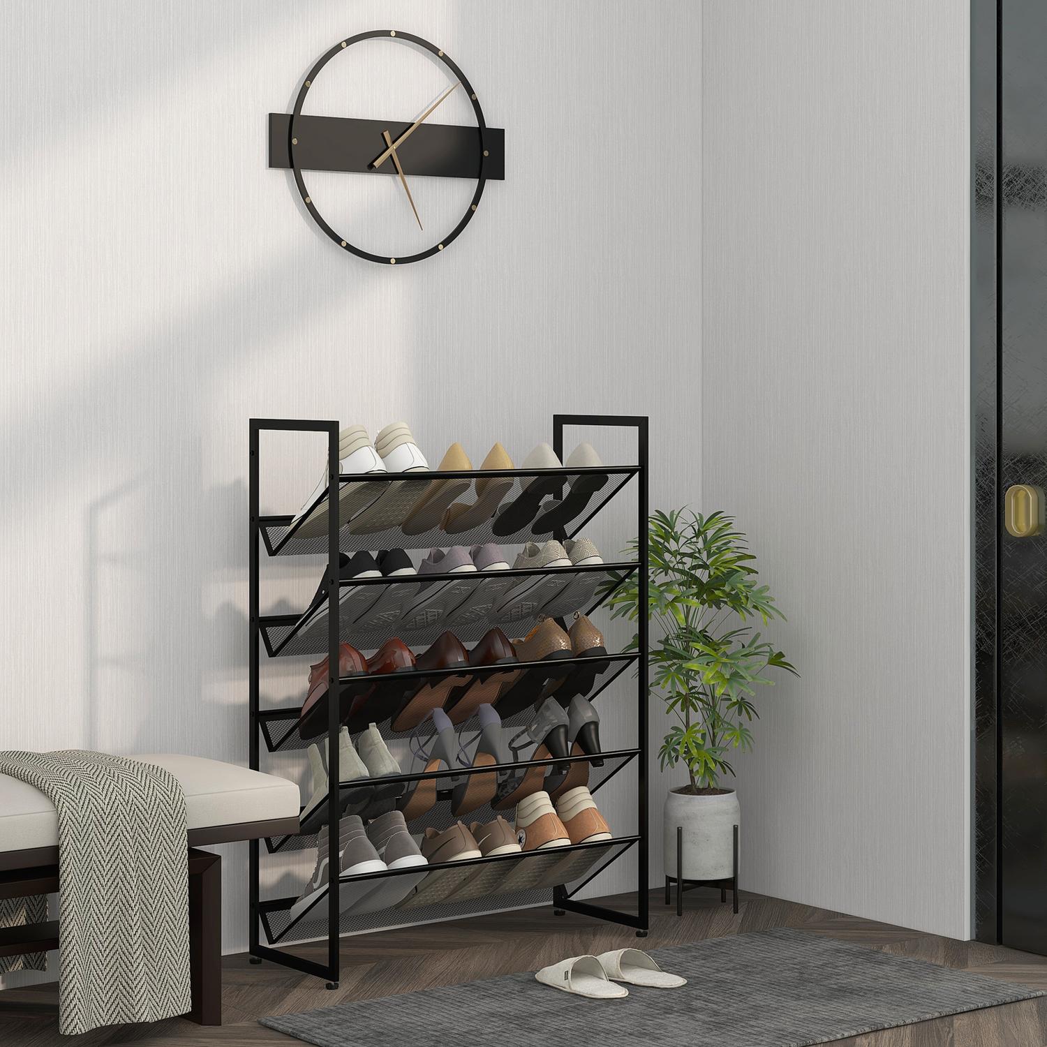 5-lagers svart stålskoställ för 15 par, 72x30x102 cm