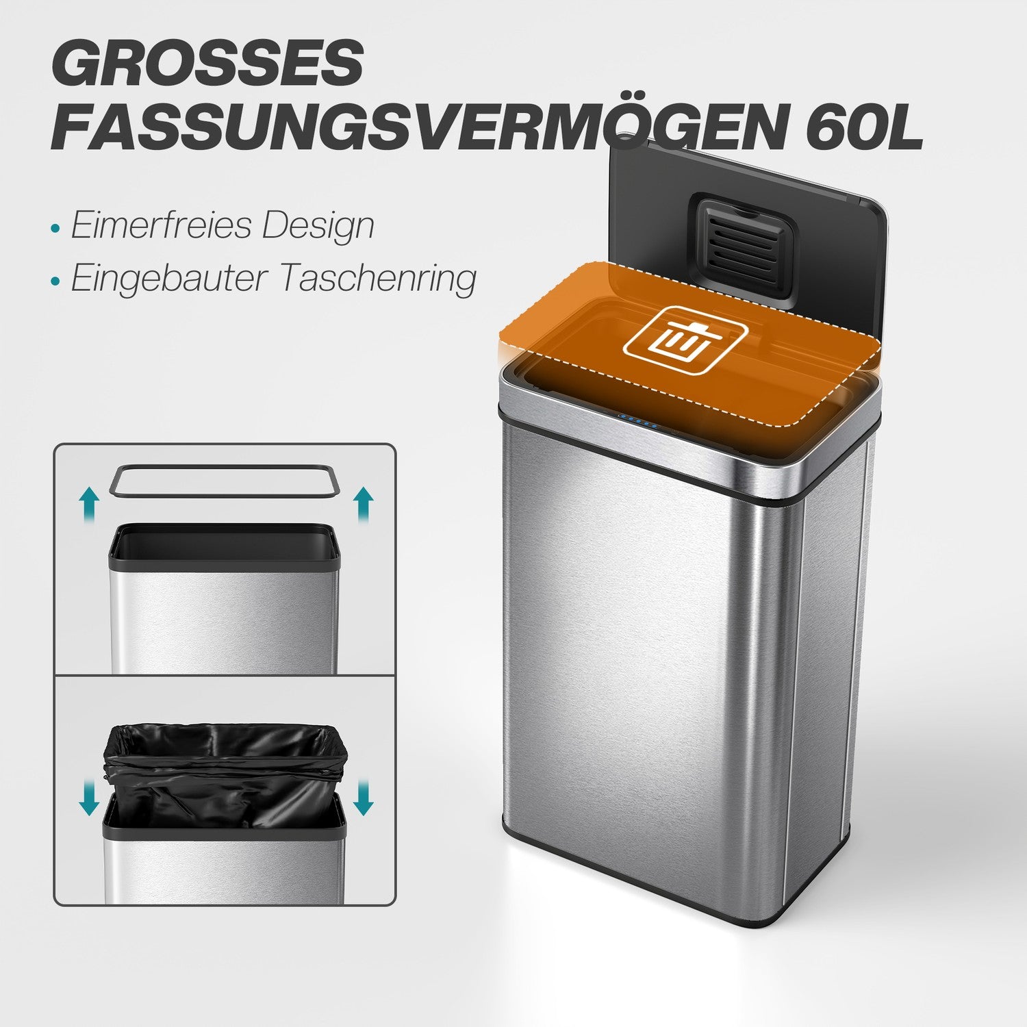 60L rostfri papperskorg med sensor, automatiskt lock