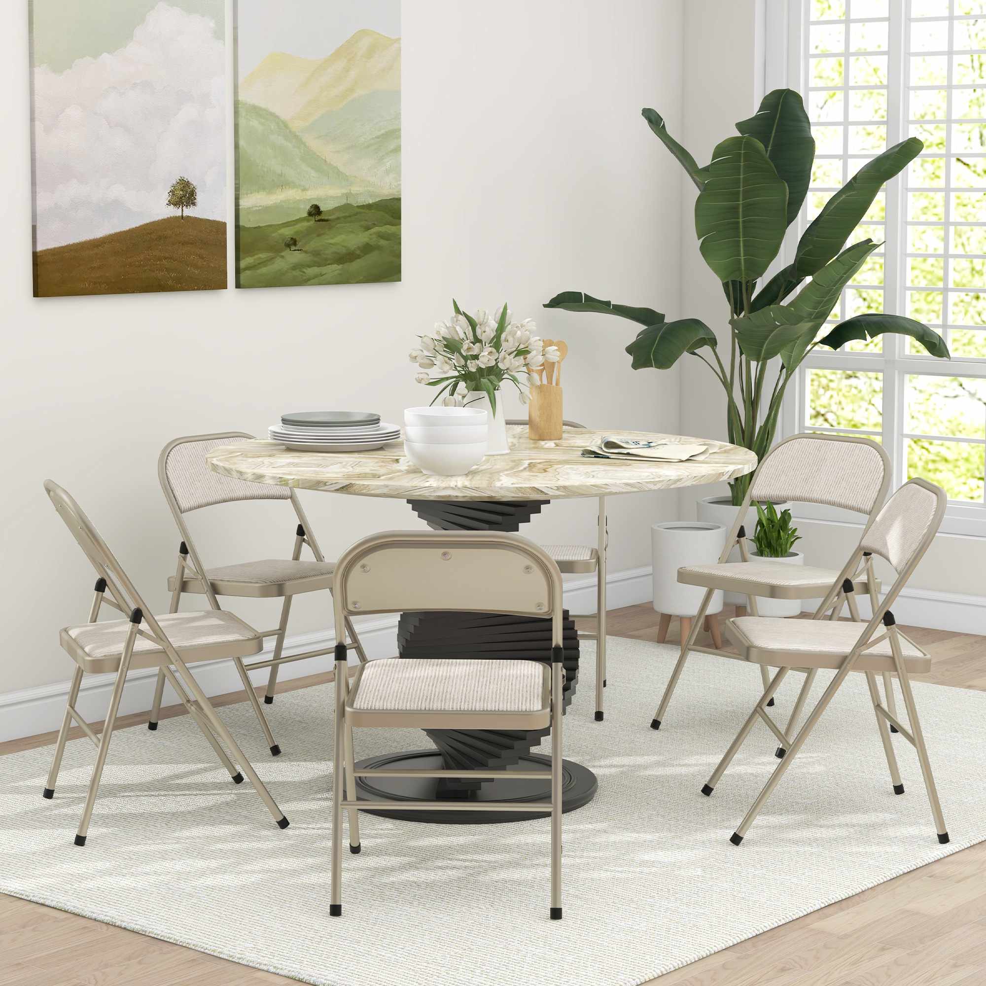 6-delat set med fällbara stolar, stålram, linne-look, beige