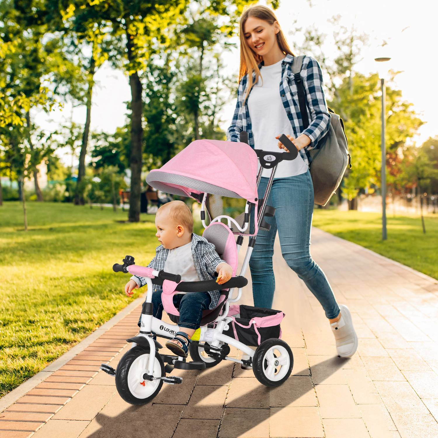 6-i-1 barntrehjuling med körbygel, tak, bälte, förvaringskorg, för 1-5 år, rosa