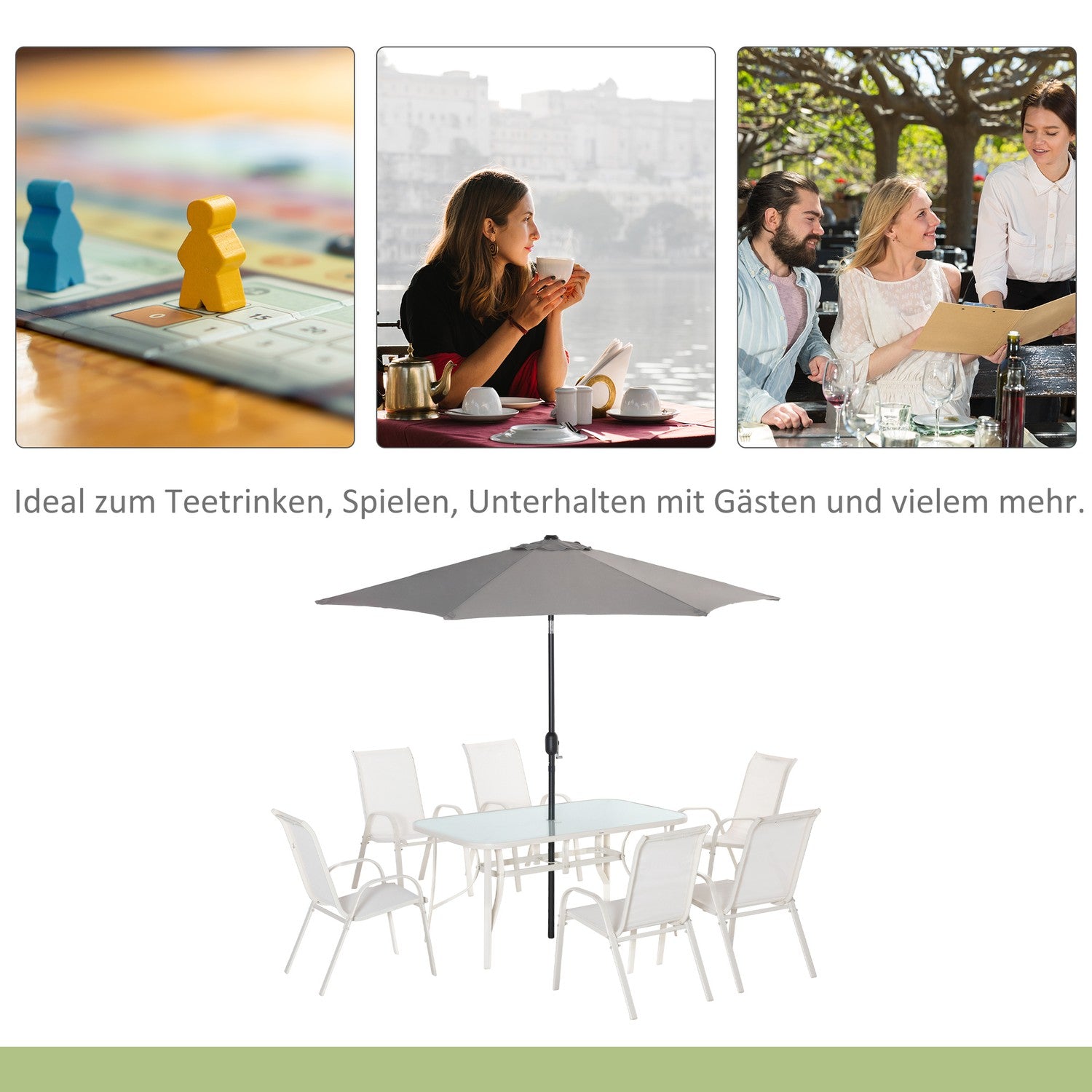 6-personers matsal i aluminium med parasoll