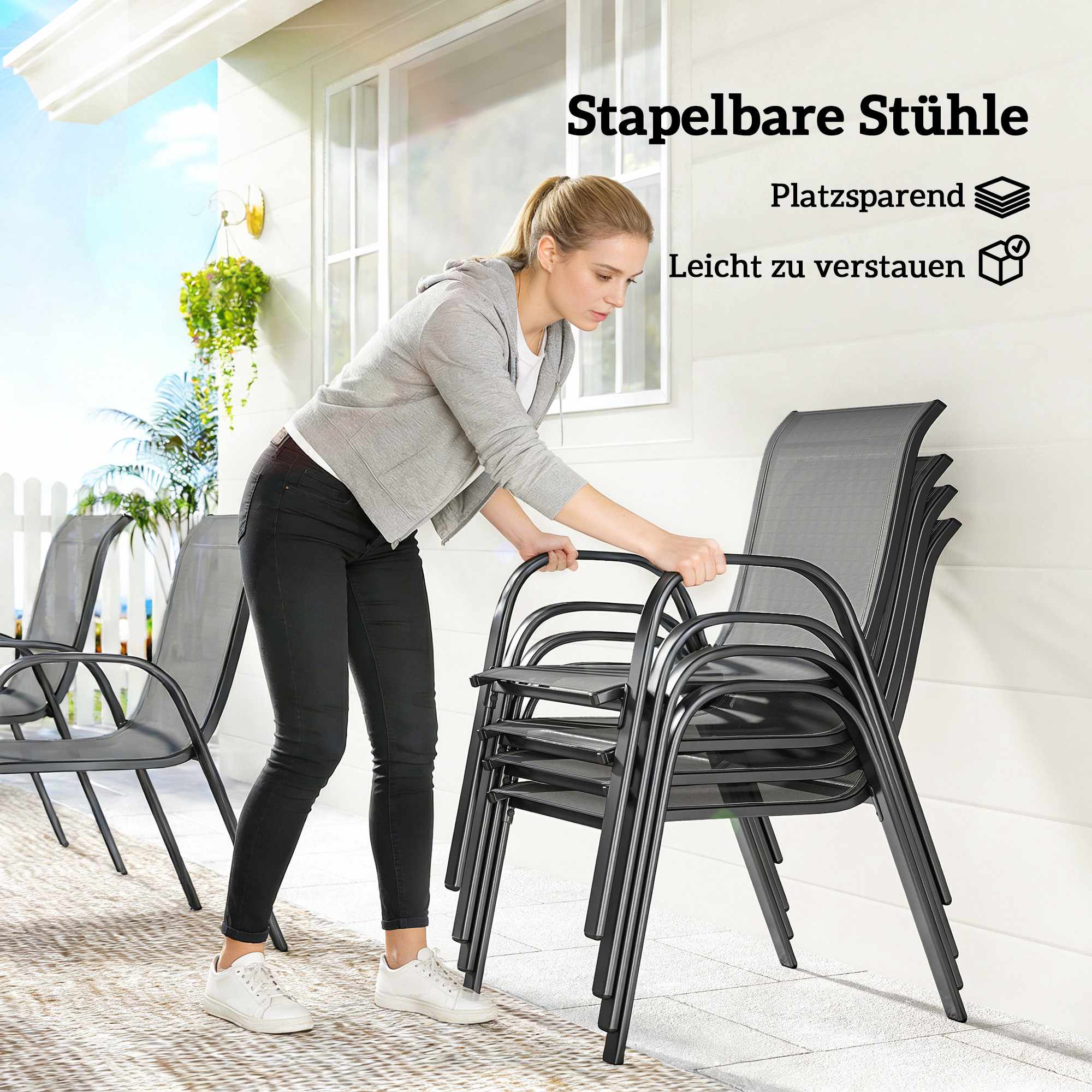 7-delat set för utemöbler, stapelbara stolar, stålram