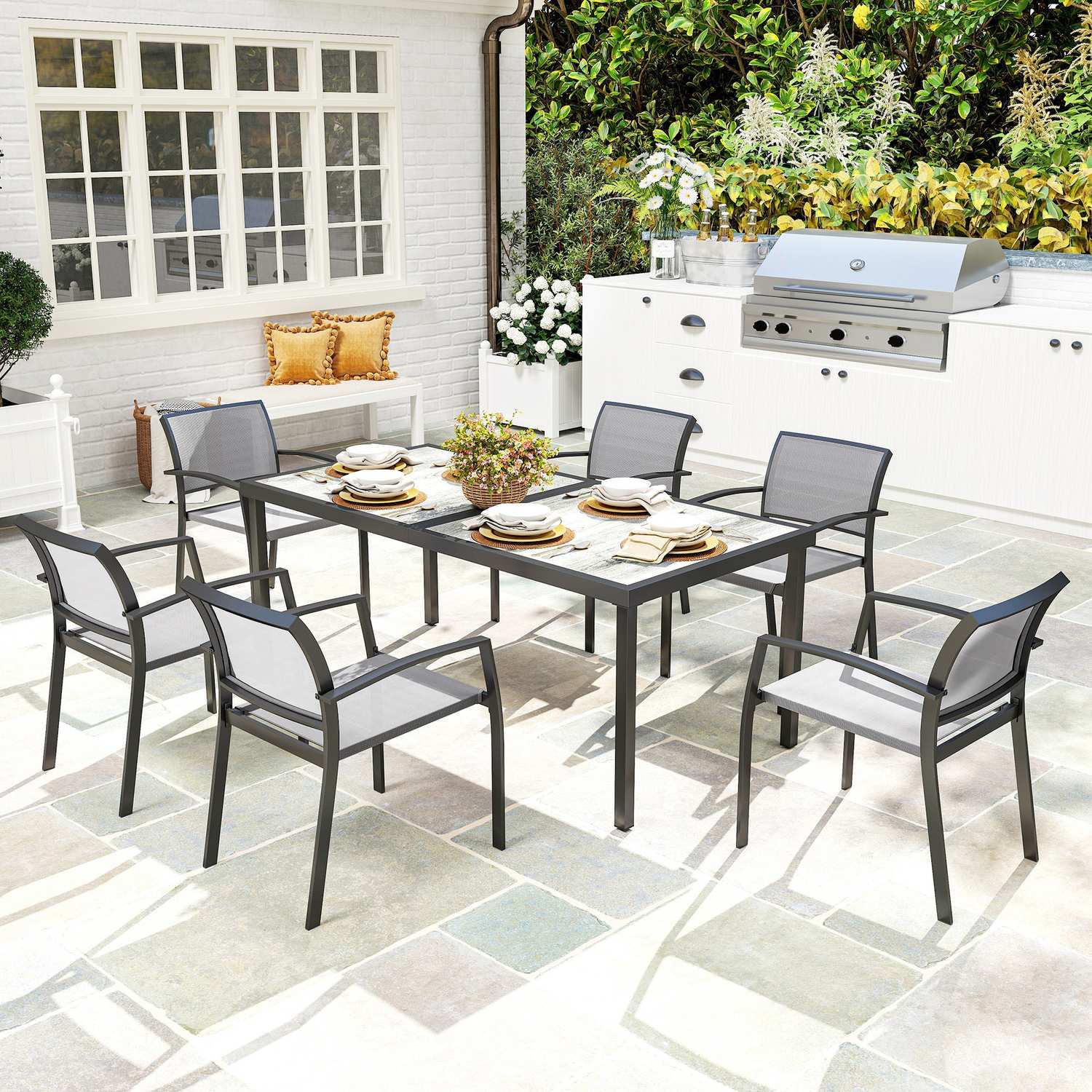 7-delat uteserveringsset – Stapelbara stolar i stål