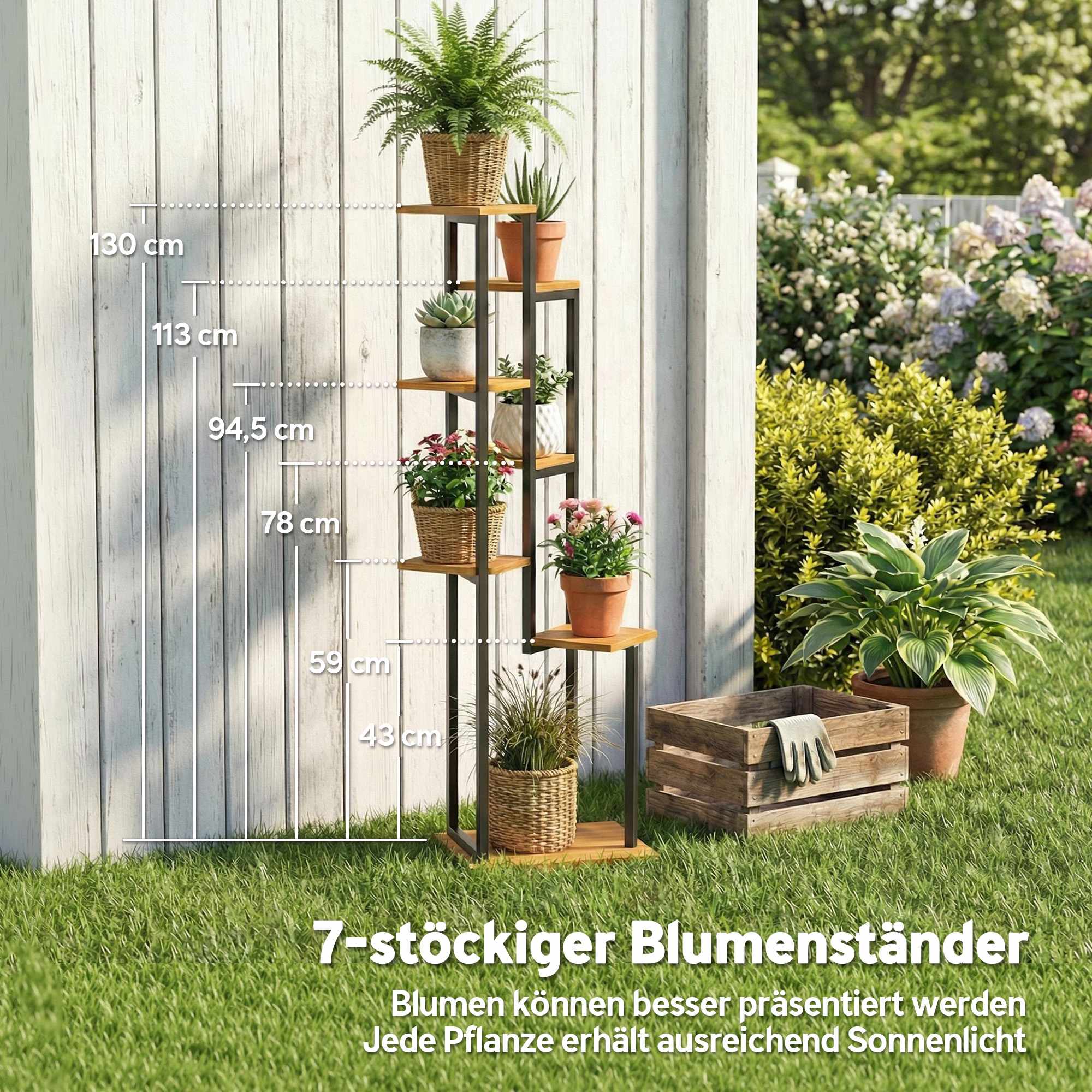 7-vånings växtställ, 130 cm högt, trä och stål