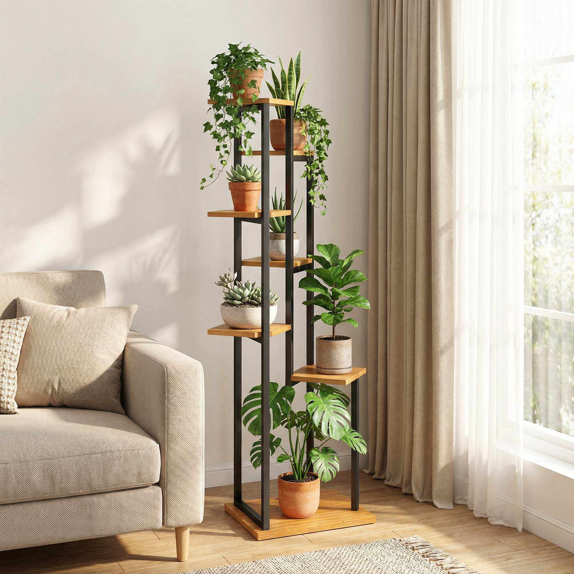 7-vånings växtställ, 130 cm högt, trä och stål