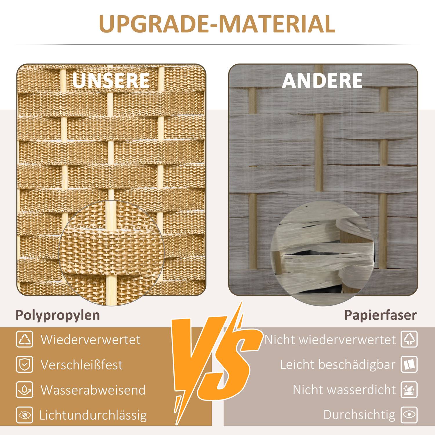 8-panels fällbar rumsavdelare, polypropen, naturligt trä