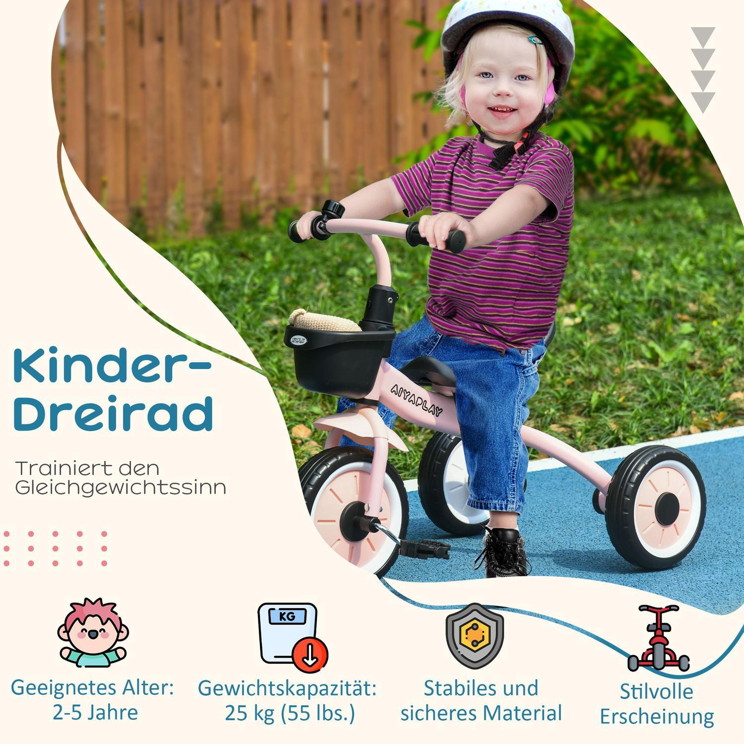 Trehjulssykkel, barnesykkel med justerbart sete, balansesykkel med sykkelkurv, ringeklokke, barnesykkel med pedaler, for barn 2-5 år, metall, rosa