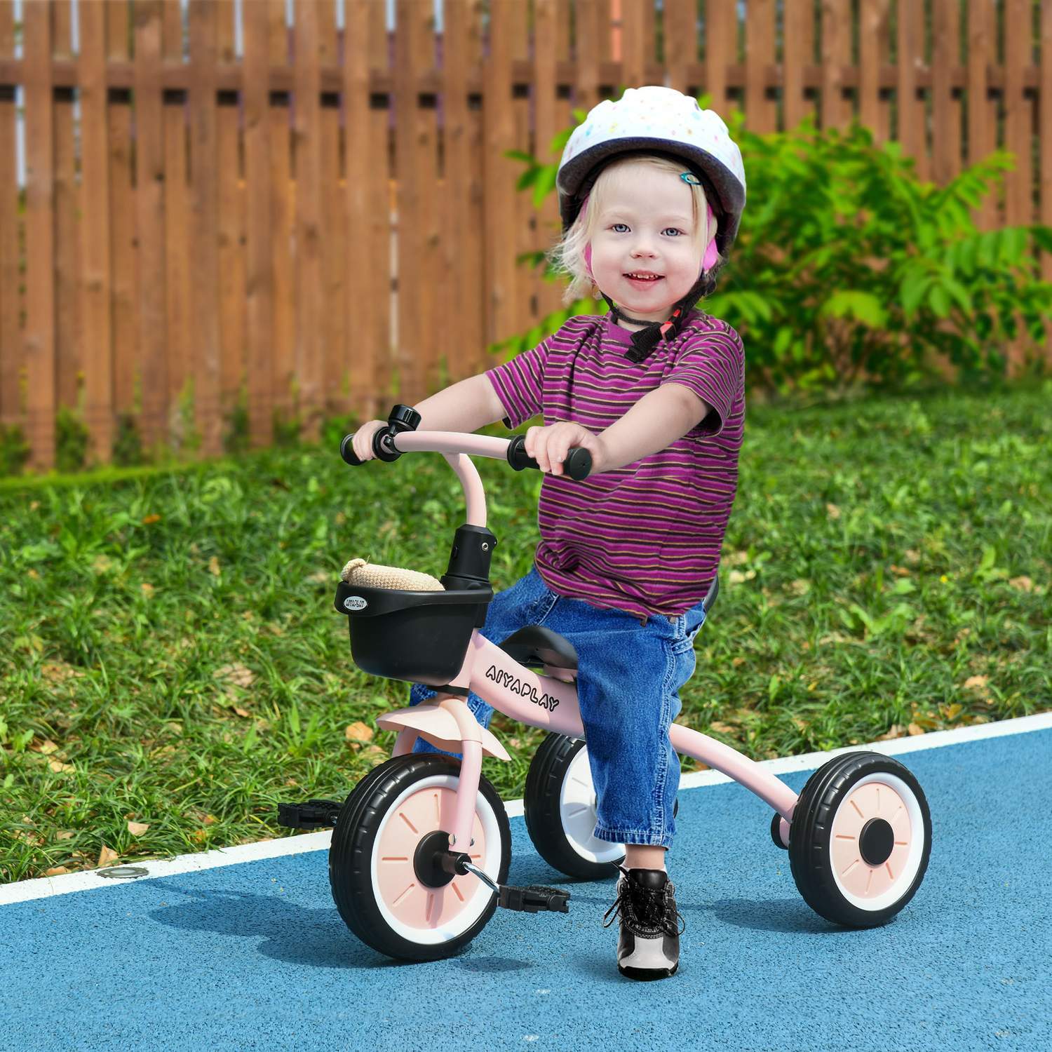 Trehjulssykkel, barnesykkel med justerbart sete, balansesykkel med sykkelkurv, ringeklokke, barnesykkel med pedaler, for barn 2-5 år, metall, rosa