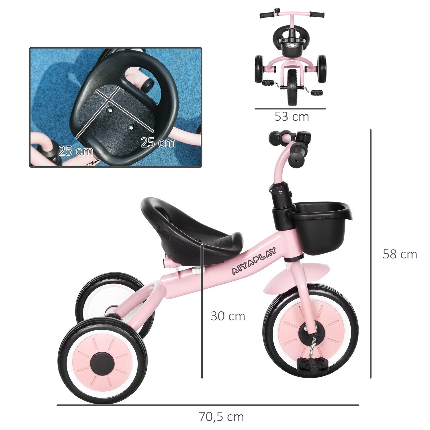 Trehjulssykkel, barnesykkel med justerbart sete, balansesykkel med sykkelkurv, ringeklokke, barnesykkel med pedaler, for barn 2-5 år, metall, rosa