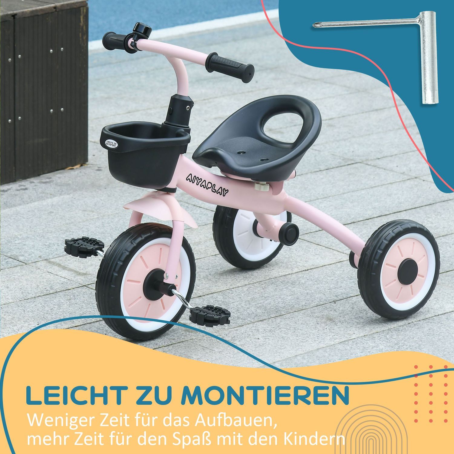 Trehjulssykkel, barnesykkel med justerbart sete, balansesykkel med sykkelkurv, ringeklokke, barnesykkel med pedaler, for barn 2-5 år, metall, rosa