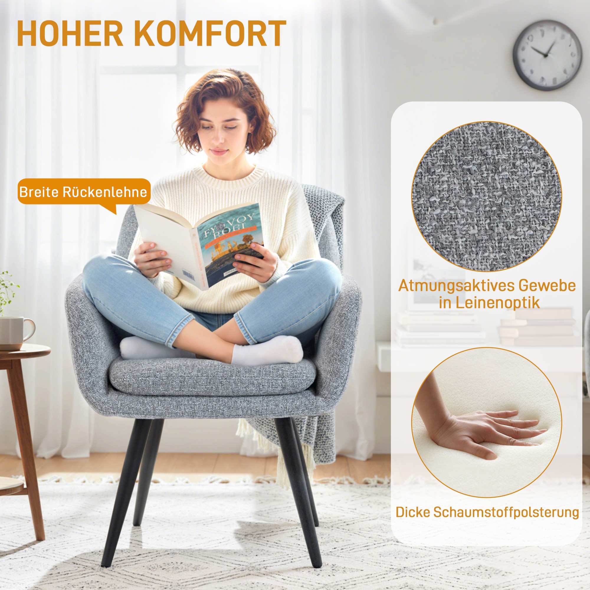 Accentstol med metallben, linne-look, ljusgrå