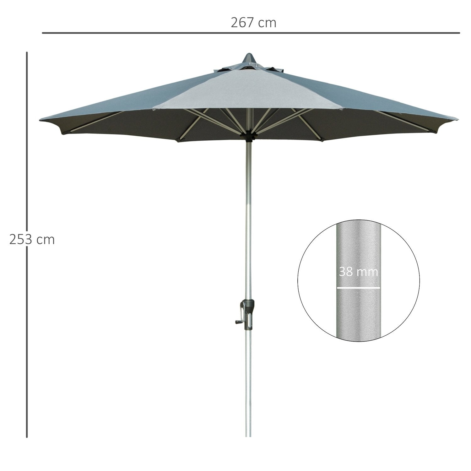 Parasoll 2,7 M Balkong Market Paraply 8 Ribber Solskjerm Aluminium Polyester Mørk Grå