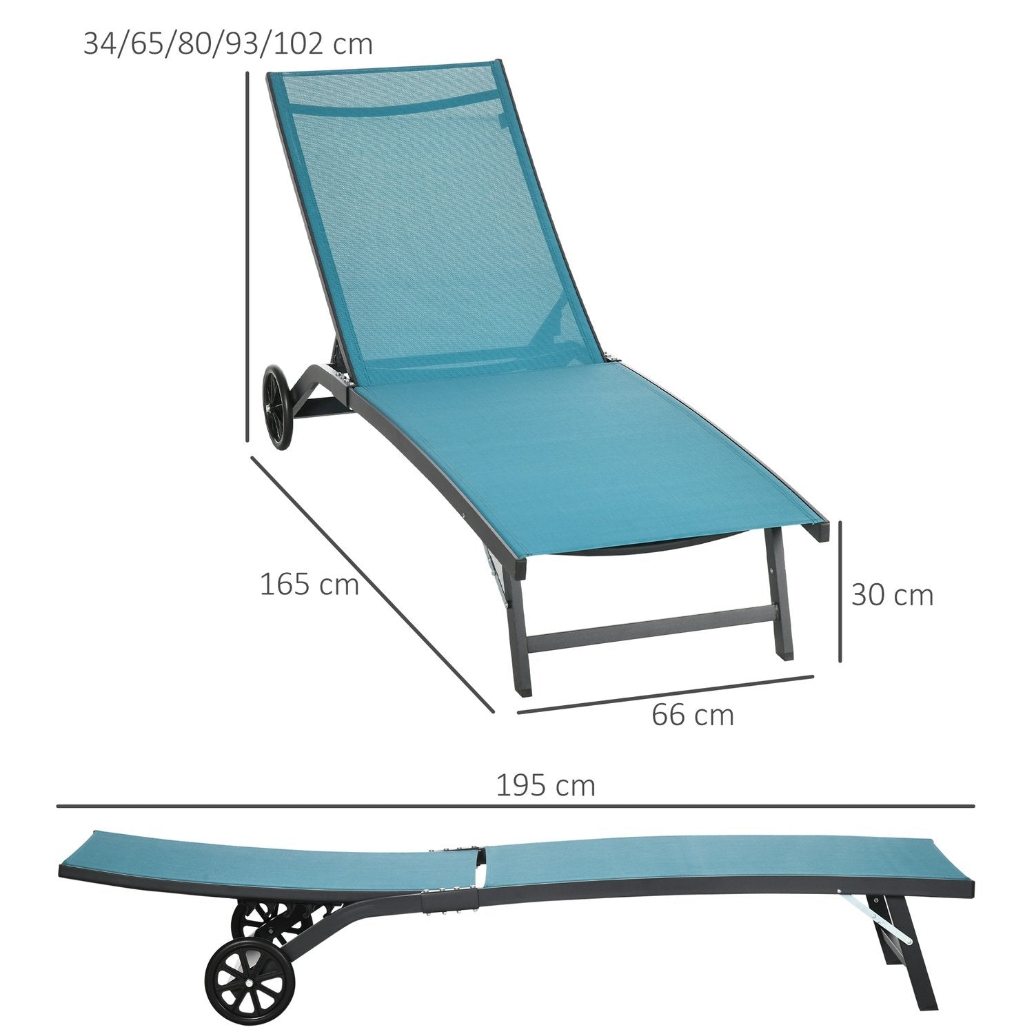 Solseng, Solseng Med Hjul, Relax Stol Med Justerbar Ryggstøtte, Hagestol, Polyester, Aluminium, Blå, 195 X 165 X 102 Cm