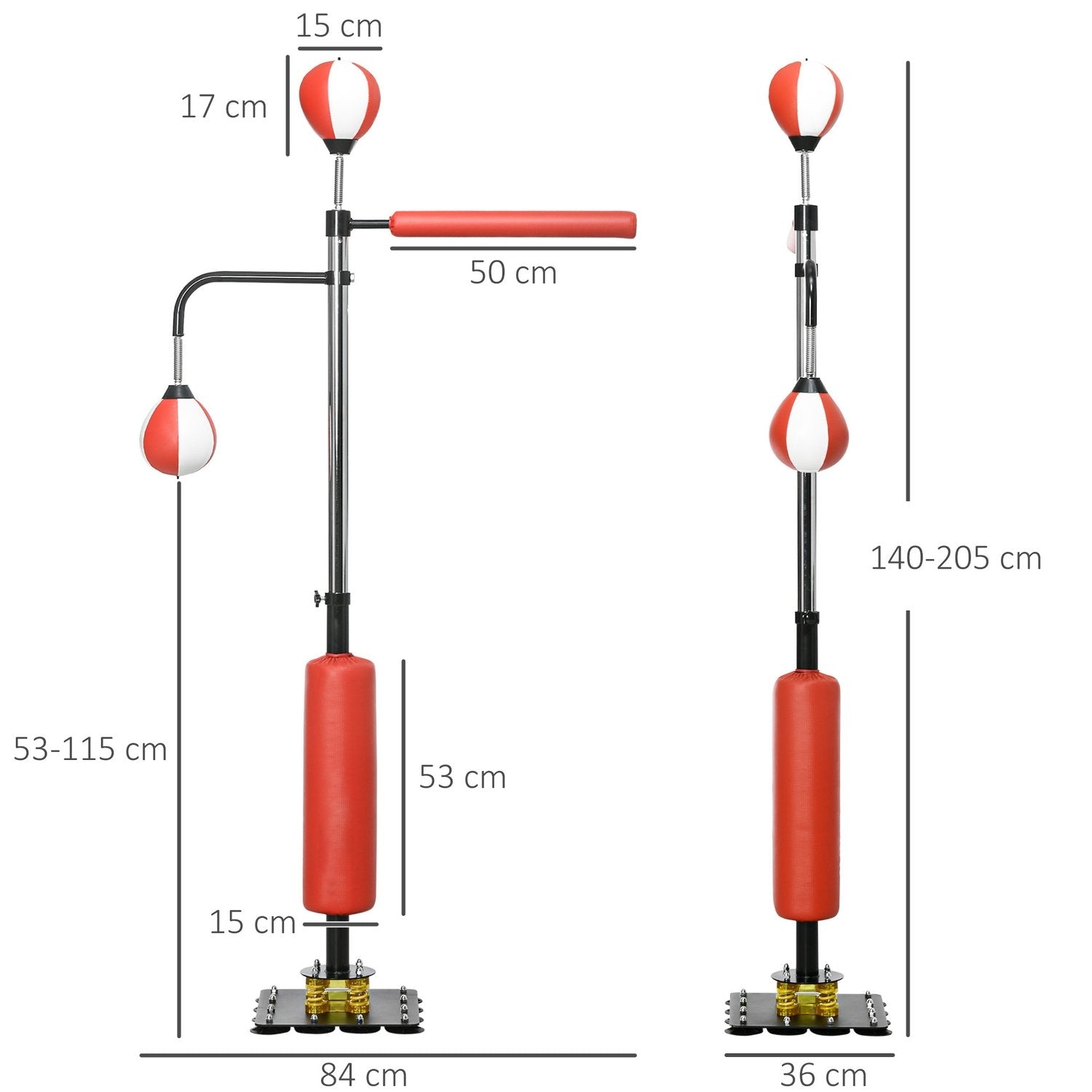 Stativboks Frittstående boksesekk 140-205 cm Høydejusterbar stående boksetrener med 2 hastighetsballer Refleksstang Sugekoppbase for voksne