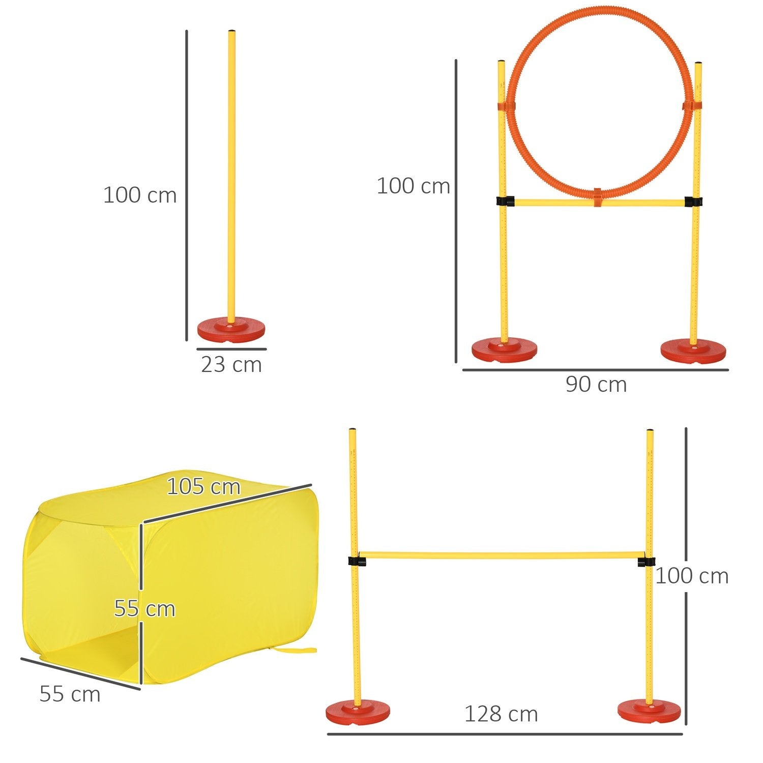 Dog Agility Hekkesett, Hundetreningssett, Hinderløype, Plast, Polyester, Gul, 128 X 23 X 9-100 Cm