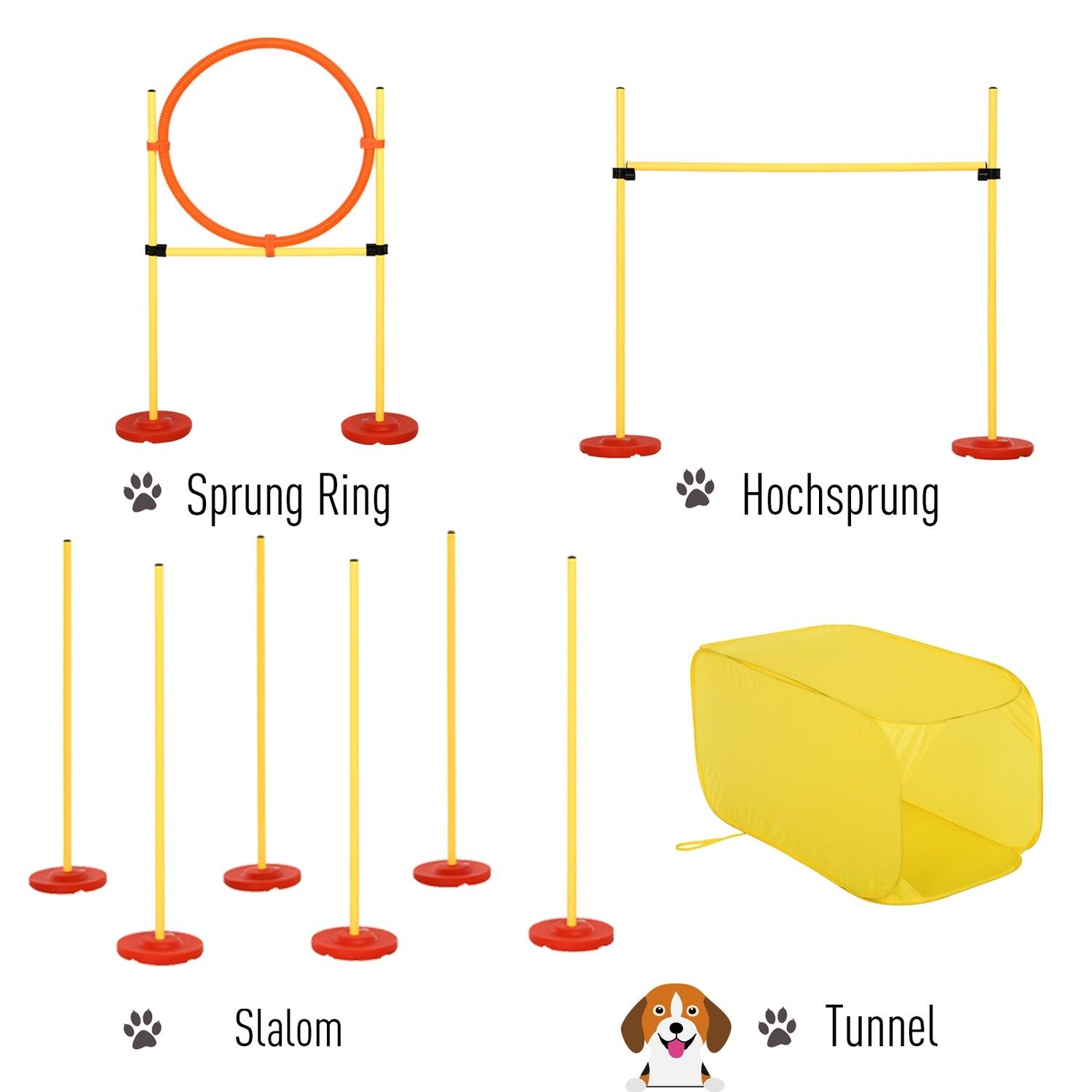 Dog Agility Hekkesett, Hundetreningssett, Hinderløype, Plast, Polyester, Gul, 128 X 23 X 9-100 Cm