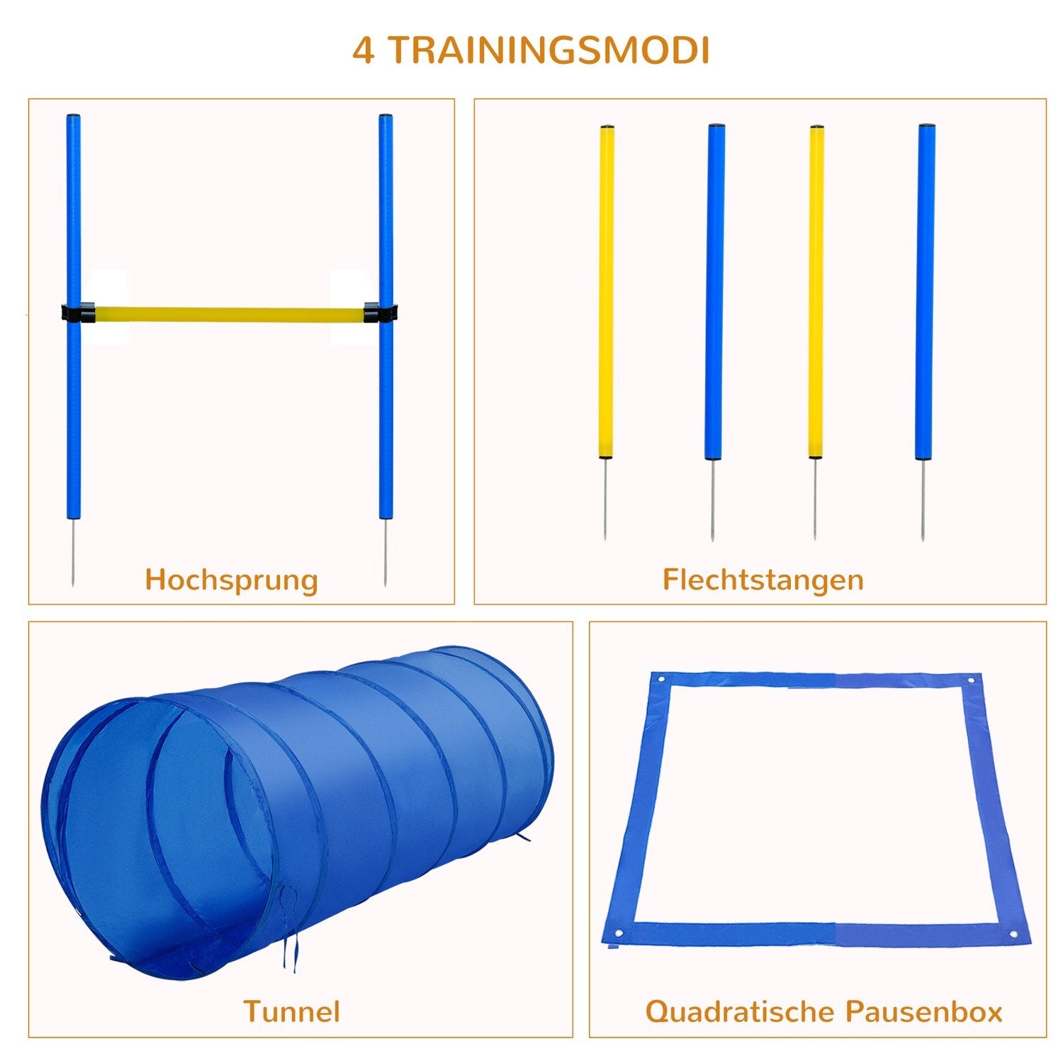 Hundagilityträningsutrustning, Hundagilityset, Hundagilitykurs, Inklusive Tunnel, Slalomstavar, Häckstavssats, Startfält, Blå + Gul